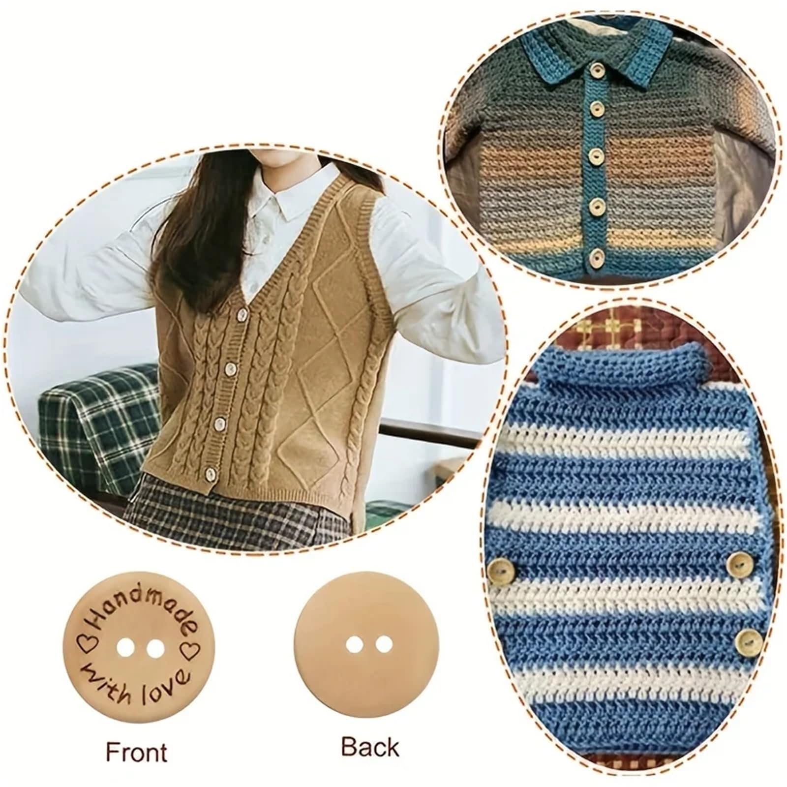 150 bonitos botones de madera con 2 agujeros para coser y accesorios de ropa (con amor, 20 mm)