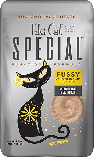 Tiki Cat Special Mousse - Alimento húmedo para gatos, digestión saludable, hígado de pato y huevo en caldo, 12 bolsas, 2.4 onzas