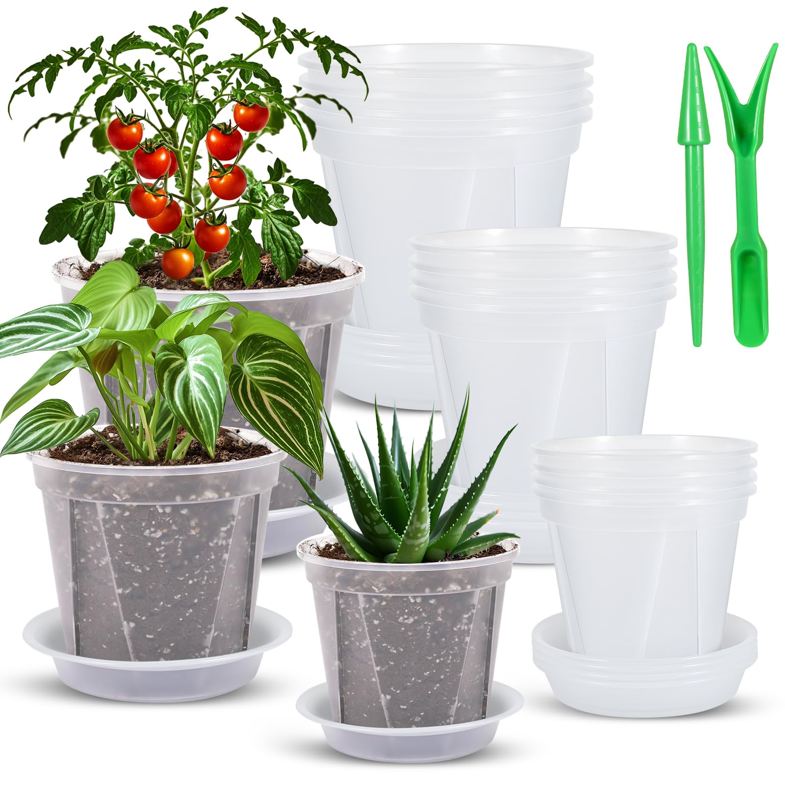 kronttis 12 Pack 4/5/6 Inch Clear Nursery Pots with Drainage and Saucer, Clear Plastic Planter Pots for Plants Have 2 Transplant Tools, Flexible Seed Starting Pots for Succulents, Small Herbs
