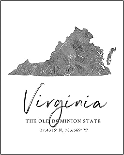 Virginia State Map Wall Art Print - 8x10 Silhouette Decor Print with Coordinates. Makes a Great Old Dominion State-Themed Gift. Shades of Grey, Black & White.