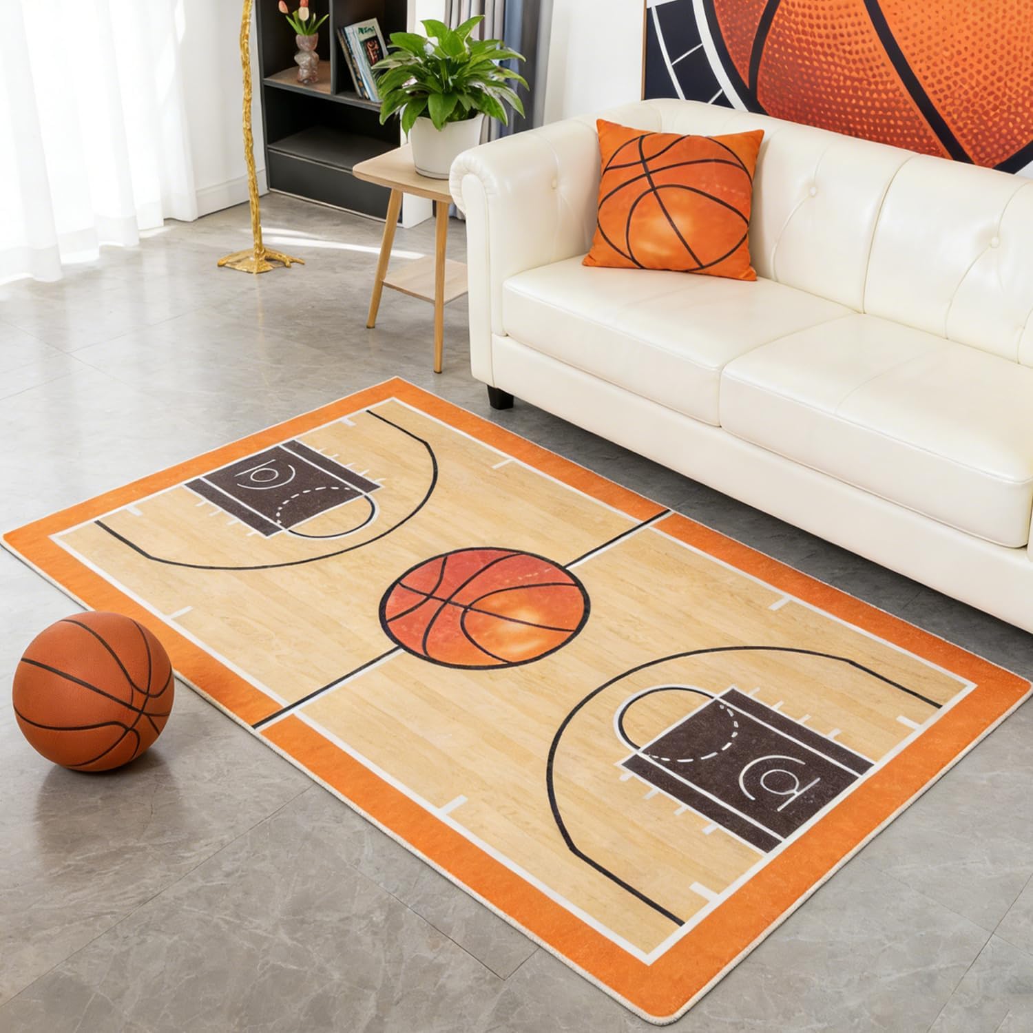 Basketball Area Rug 3x5 Feet Basketball Court Rugs for Bedroom Playroom Non-Slip Sports Themed Carpet Game Room Mat Washable Floor Mat