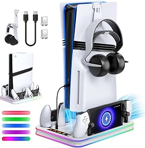 Cooling Stand & Charger Station for PS5/Slim/Pro Console and Controller, RGB Multi-Device Charging Dock for PlayStation 5 Portal with 3 Speed Fan System, Accessories Headset Holder (White)