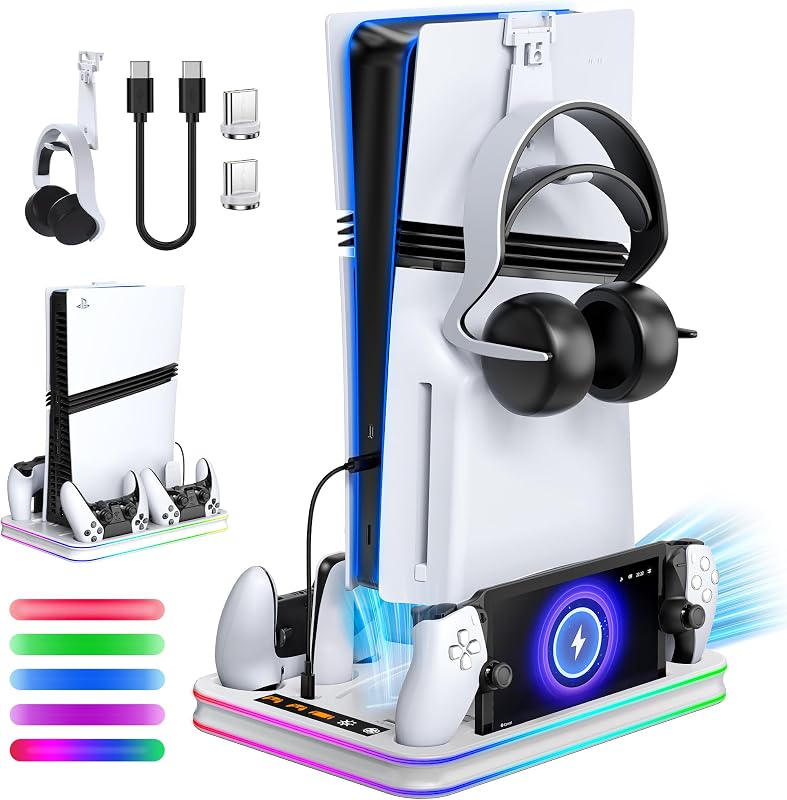 FYOUNG All in One Cooling Stand & Charger Station for PS5/Slim/Pro Console and Controller Charing Dock, Charging Stand for PlayStation Portal, Headset and Remote Holder with RGB Light Stand (White)