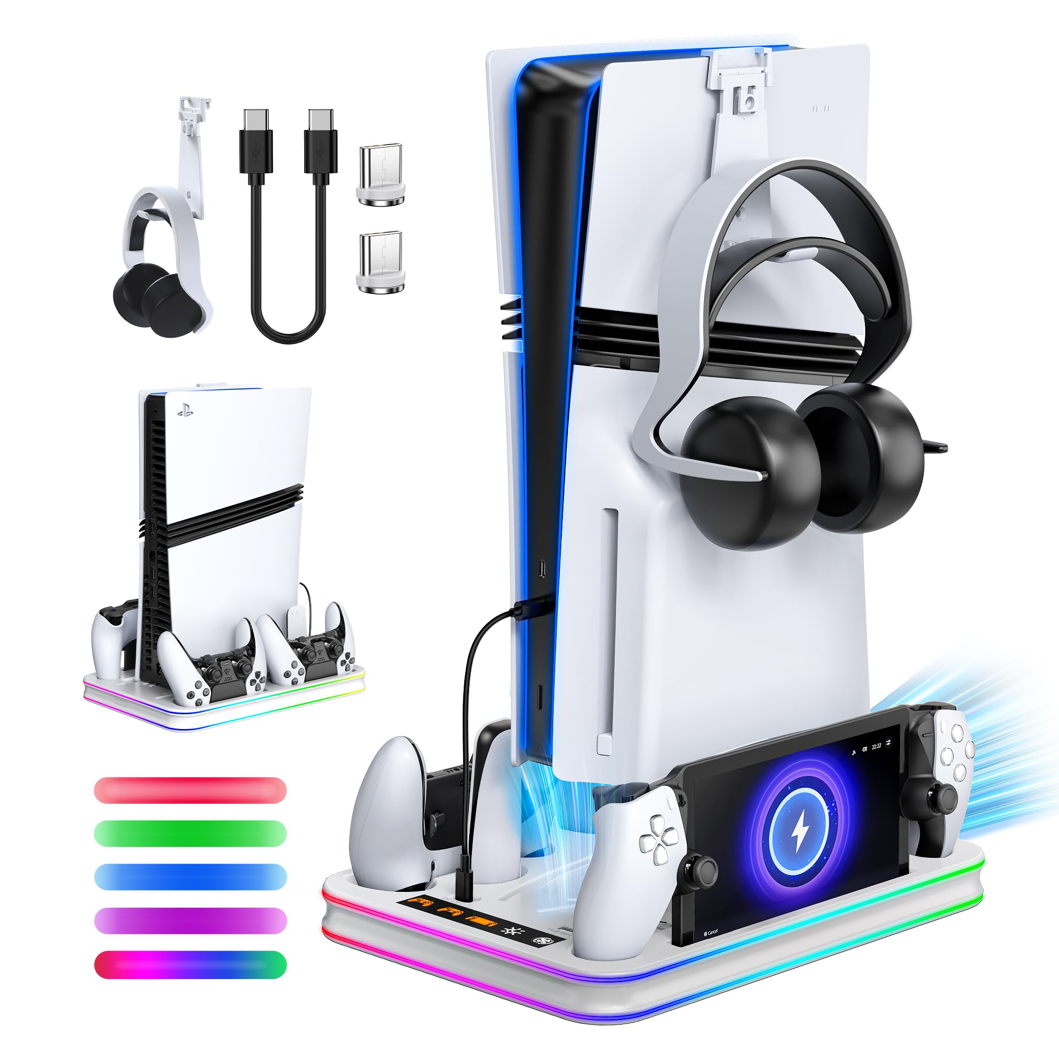FYOUNG Supporto di raffreddamento e stazione di ricarica tutto in uno per console PS5/Slim/Pro e controller, dock di ricarica per PlayStation Portal, auricolare e supporto remoto con supporto luce RGB