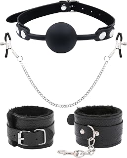 Bondage Gear Accessories - 3 Pcs BDSM Bondage Kit Silicone Ball Gag Nipple Clamps with Chain Necklace Handcuffs Bondage Gags Muzzles BDSM Sex Toys for Couples