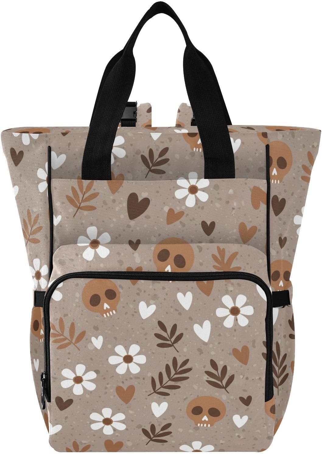 Skulls Flowers Hearts Brown Pattern Diaper Bag Backpack for Baby Boys Girls Multifunction Baby Essentials Travel Tote with Stroller Straps & Bottle Storage Large Travel Diaper Backpack for Baby