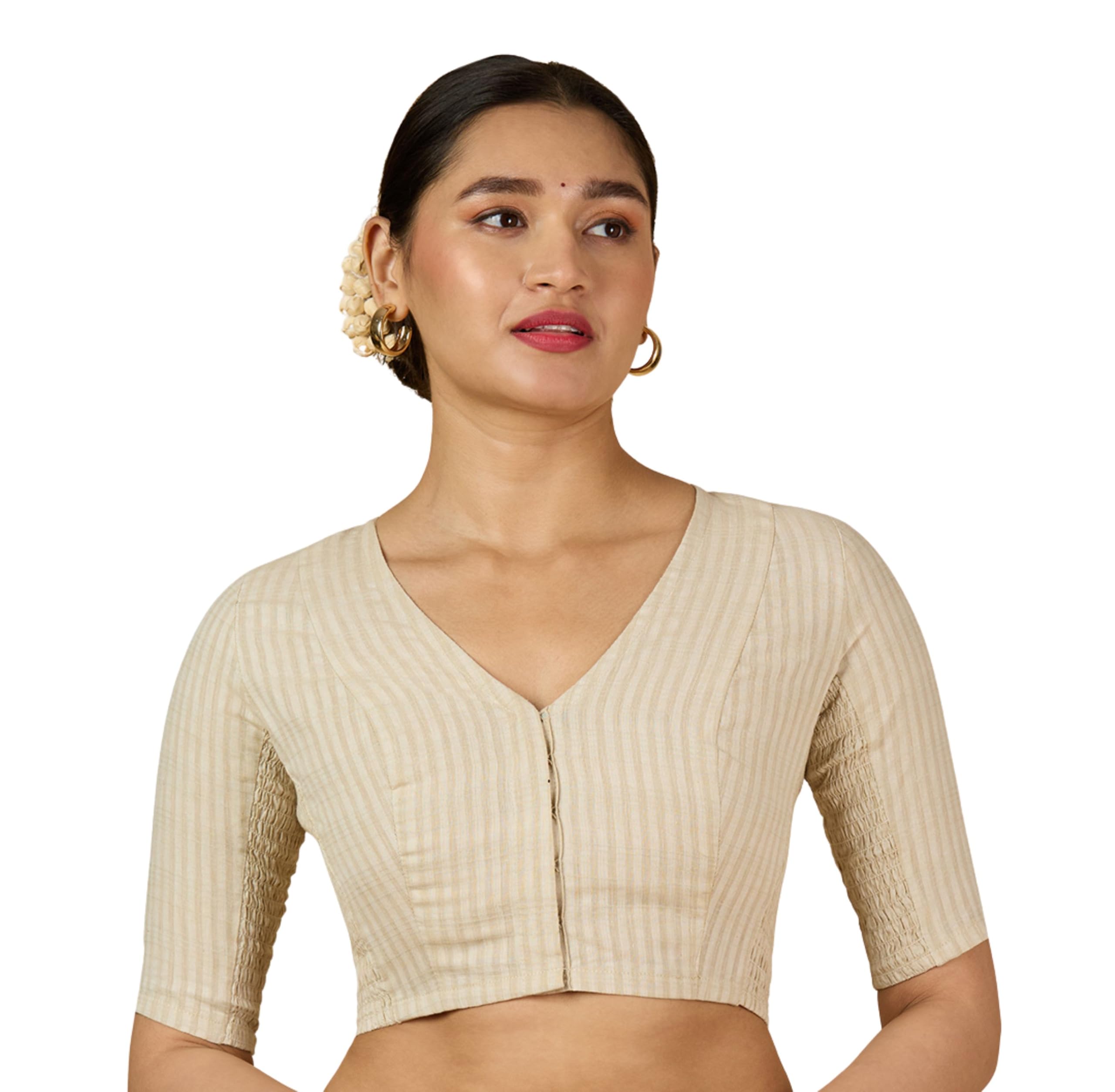 Women Cotton Half Sleeve Madras Checks Saree Blouse with Stretchable Sides-image-22