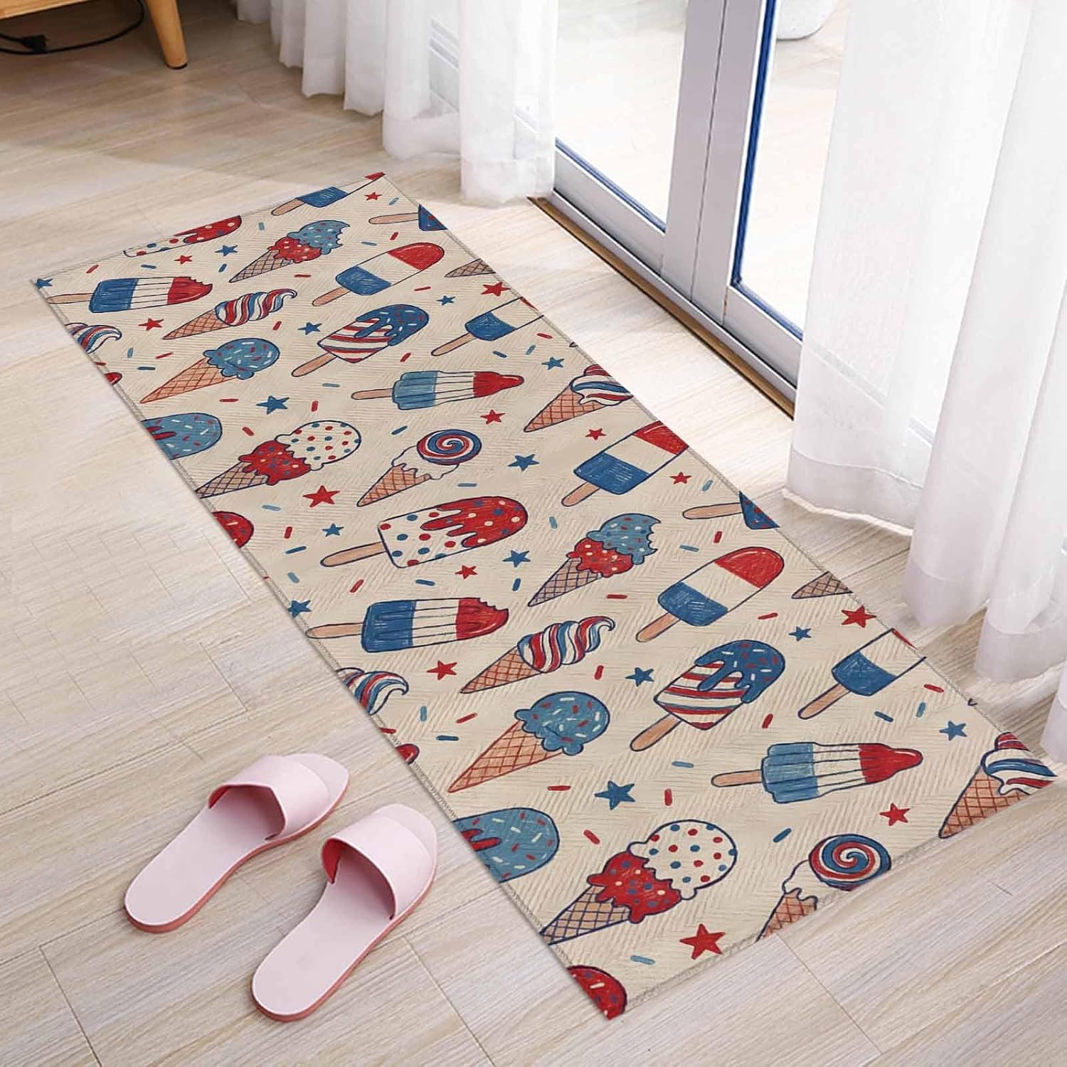 Teamery Kitchen Mats for Floor Independence Day Ice Cream Washable Non Slip Kitchen Rugs 1PCS, Retro 250th Anniversary Absorbent Standing Mats for Sink Bathroom Office Living Room 15.7x47.2in