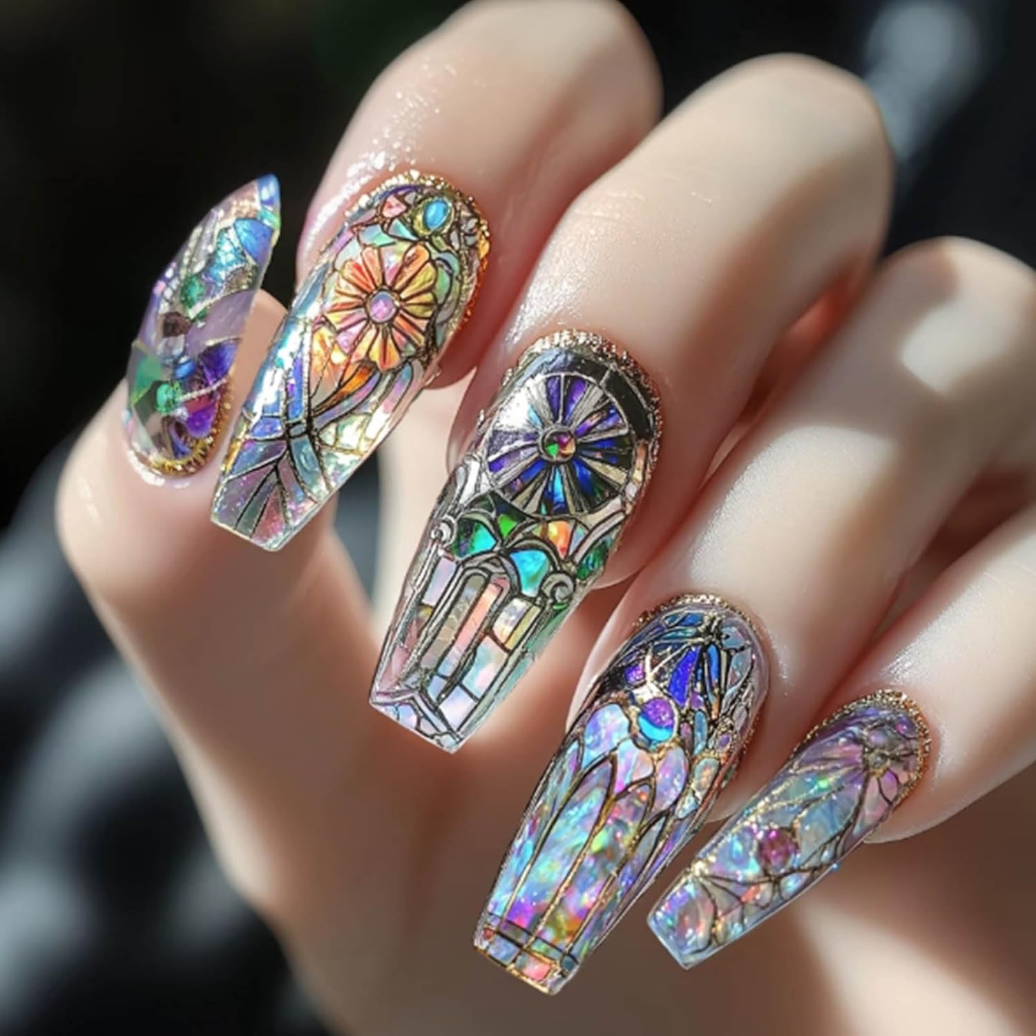 24Pcs Marble Press on Nails - Long Coffin Design
