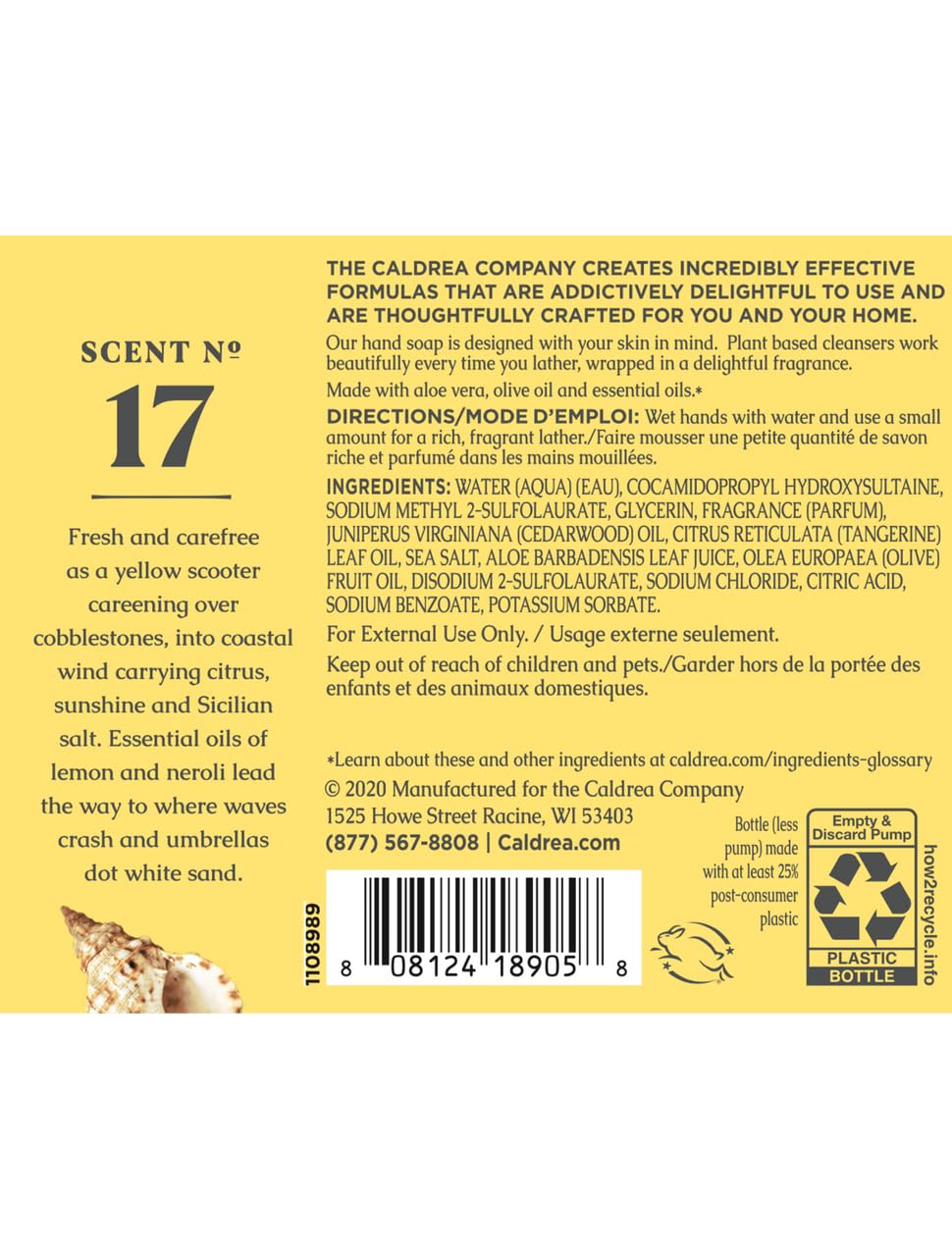 Caldrea Hand Wash Soap, Aloe Vera Gel, Olive Oil and Essential Oils to Cleanse and Condition, Sea Salt Neroli, 10.8 oz, 2 Pack