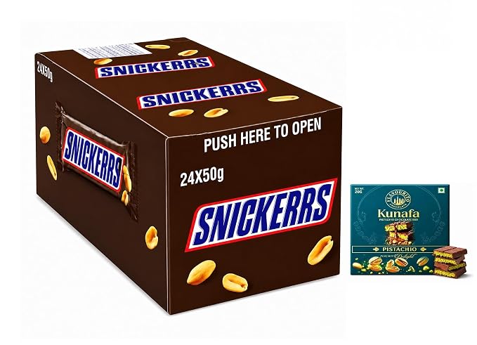Snickerrs Chocolate Bars, Peanut Nougat, Pack of 24, 50g Each (imported) with Free Flavourito Kunafa Pistachio Chocolate Bar, 20g By Decadent Foods