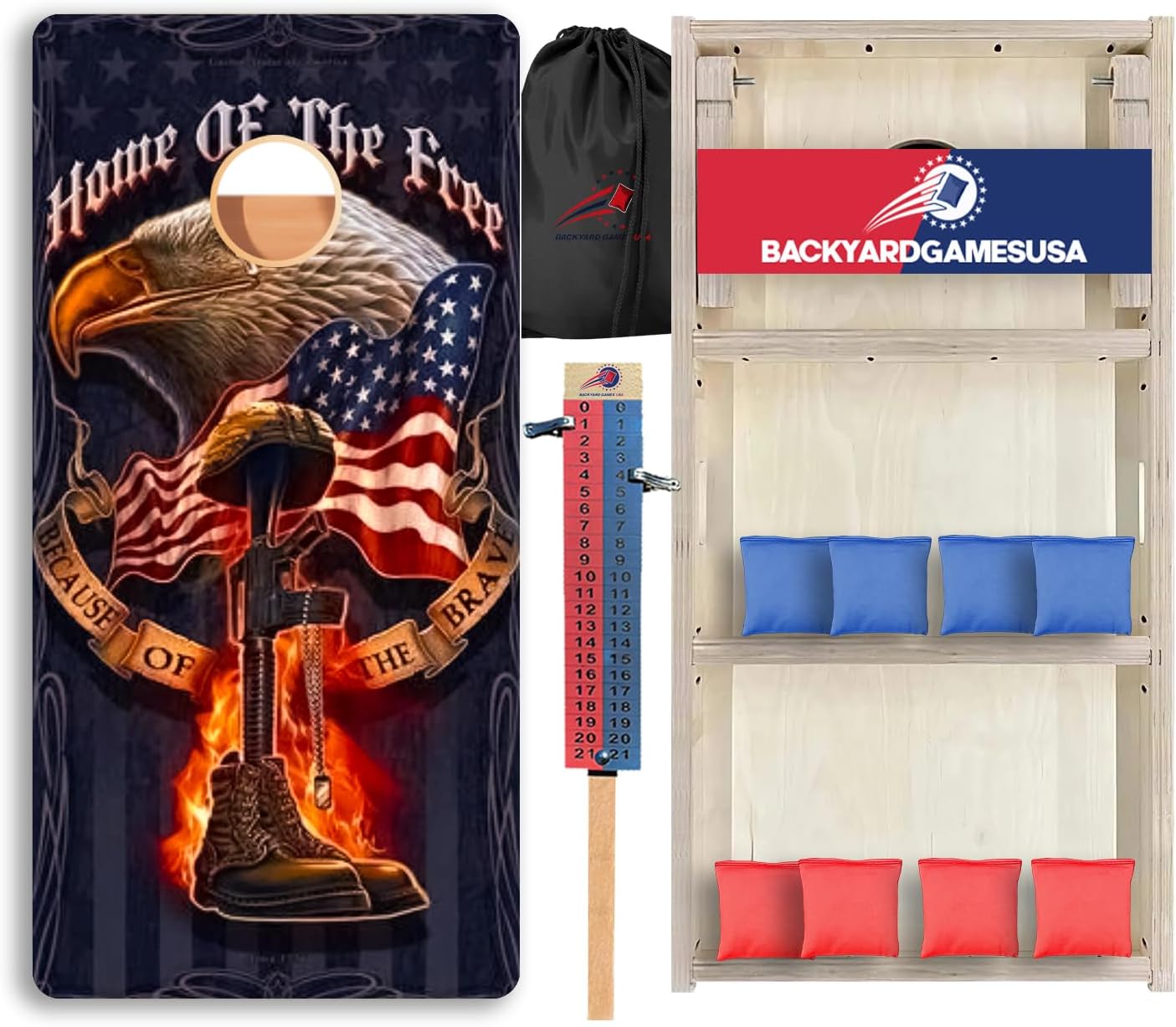 CornholeGamesUSA Pro Cornhole Boards Set | Made in USA | 3/4 Baltic Birch | No Bounce | Triple Thick Legs | Two Brace & Handles, Tournament 2x4 Regulation Set with Score Tower & Cornhole Bags