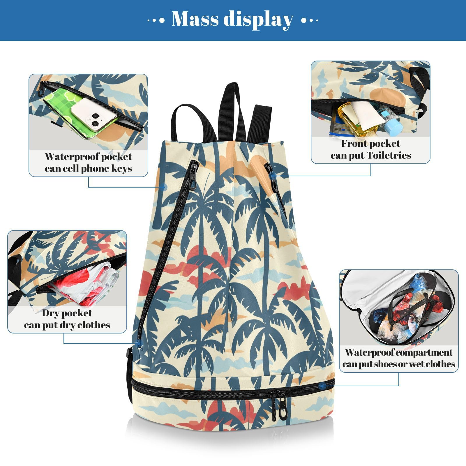 Zaino da spiaggia in stile hawaiano con coulisse, senza cuciture, borsa da spiaggia con scomparto per bagnato e asciutto
