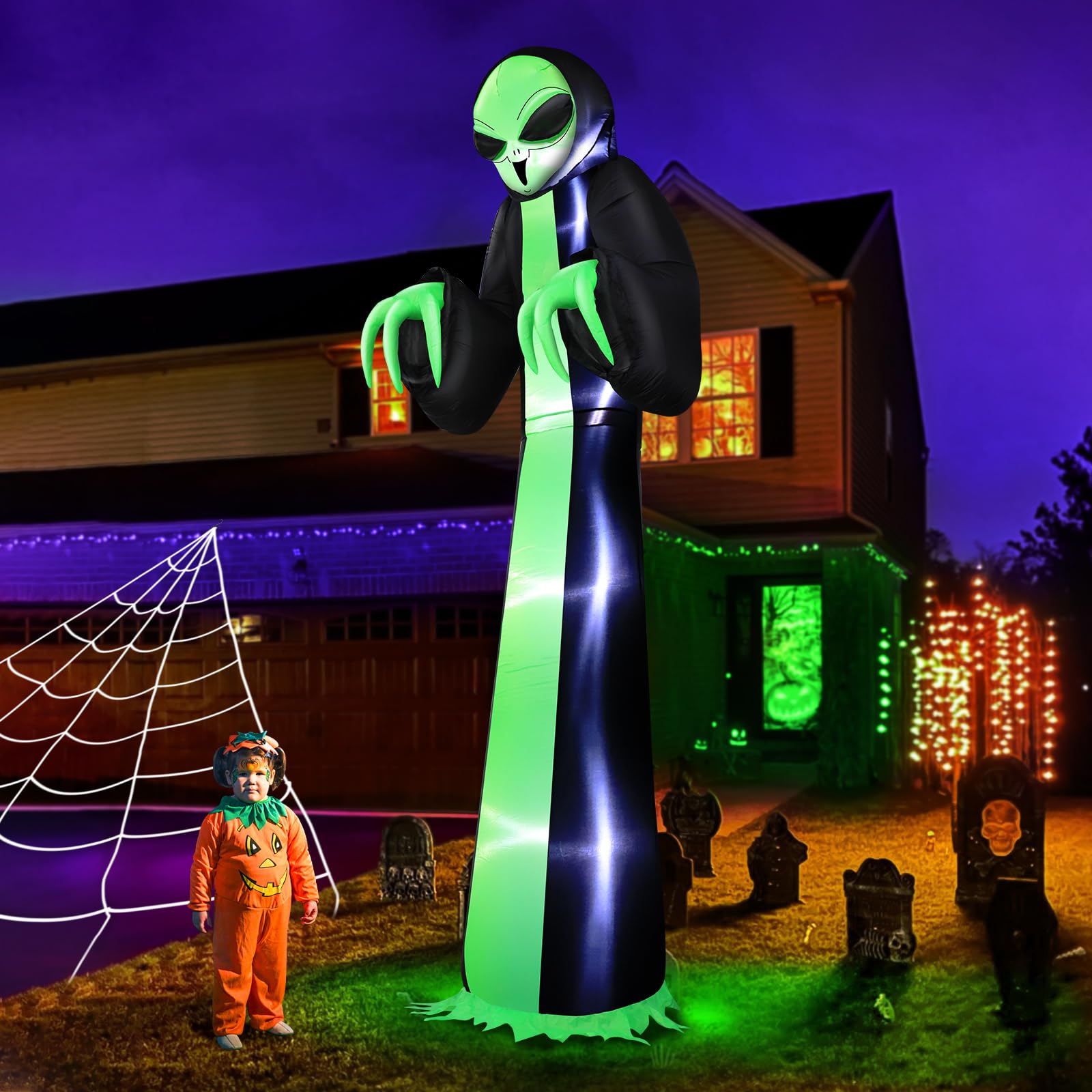 12 Ft Halloween Alien Inflatables Outdoor Decoration with Built-in LED Lights, Giant Alien Grim Reaper Halloween Blow Up Yard Decor for Garden Lawn Holiday Party