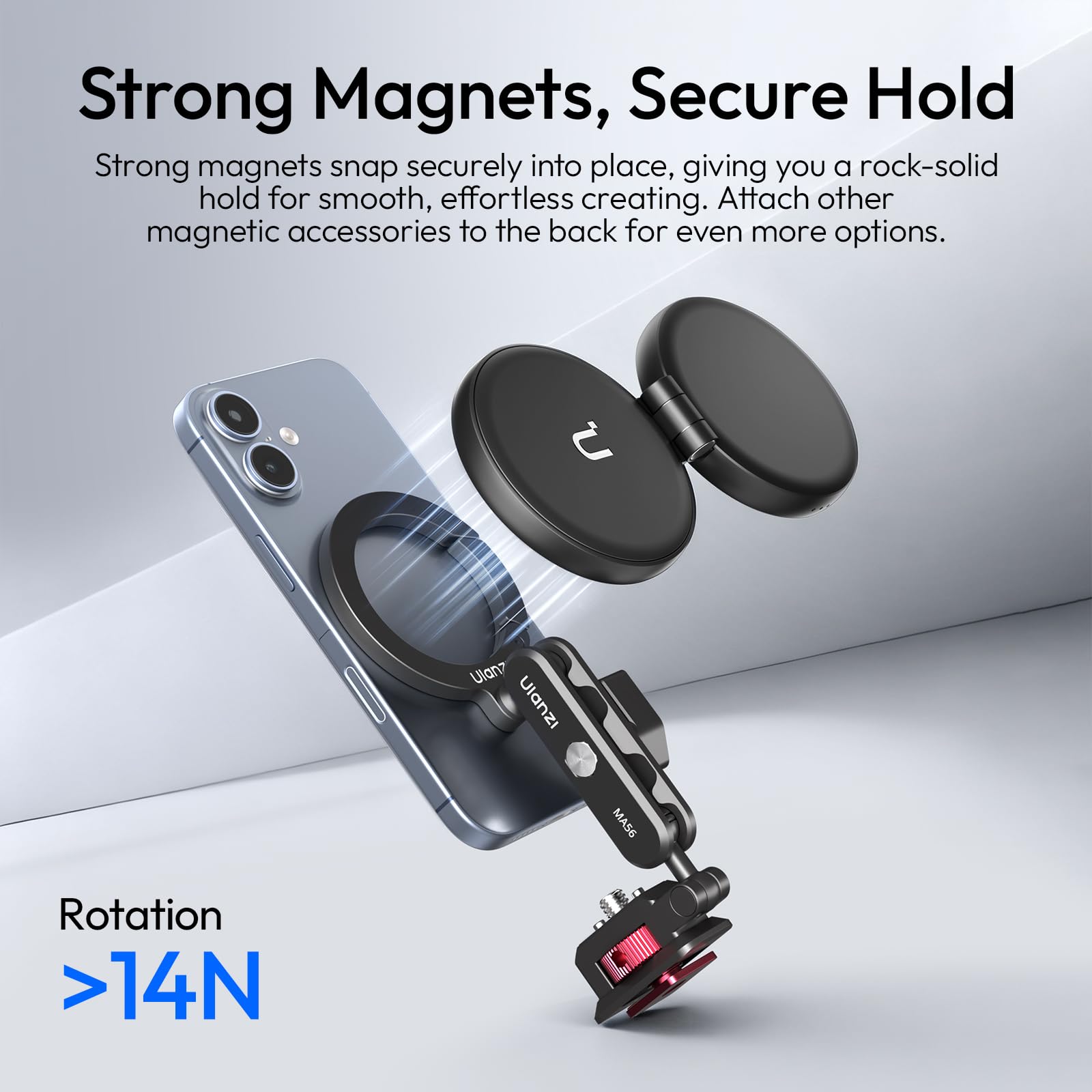 ULANZI MA56 Adaptateur Trépied Smartphone Magnétique 4 - en - 1 Support en Aluminium, Stabilisateur avec Plaque Arca Swiss et Vis 1/4, 360° Réglable Compatible avec iPhone 17-12 Magsafe Caméra Trépied