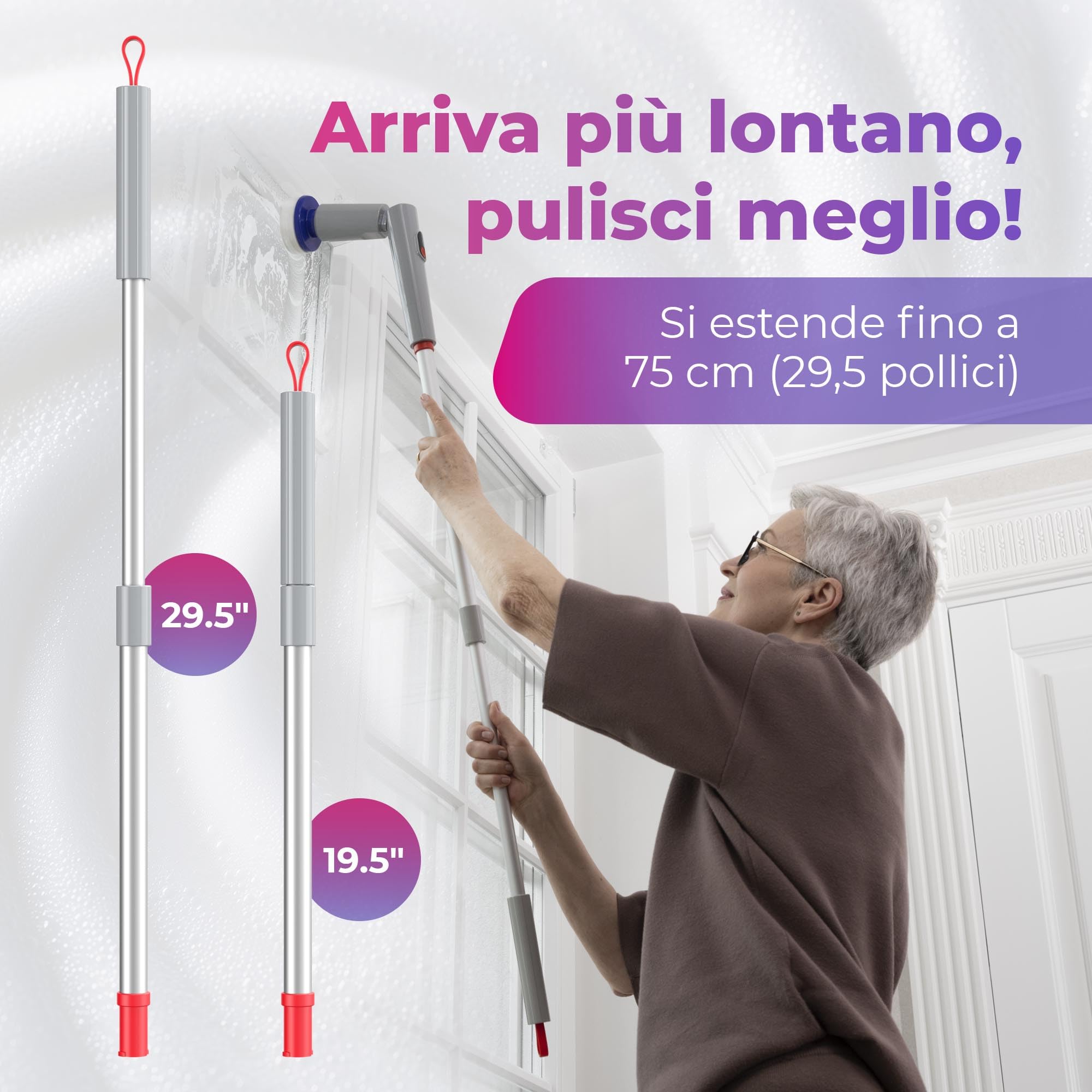 Synoshi Pro Kit Spazzola Elettrica Rotante con Accessori Bagno | Include spazzola rotonda, 2 spazzole a cono, spugna magica, manico estensibile. Senza fili, ricaricabile.