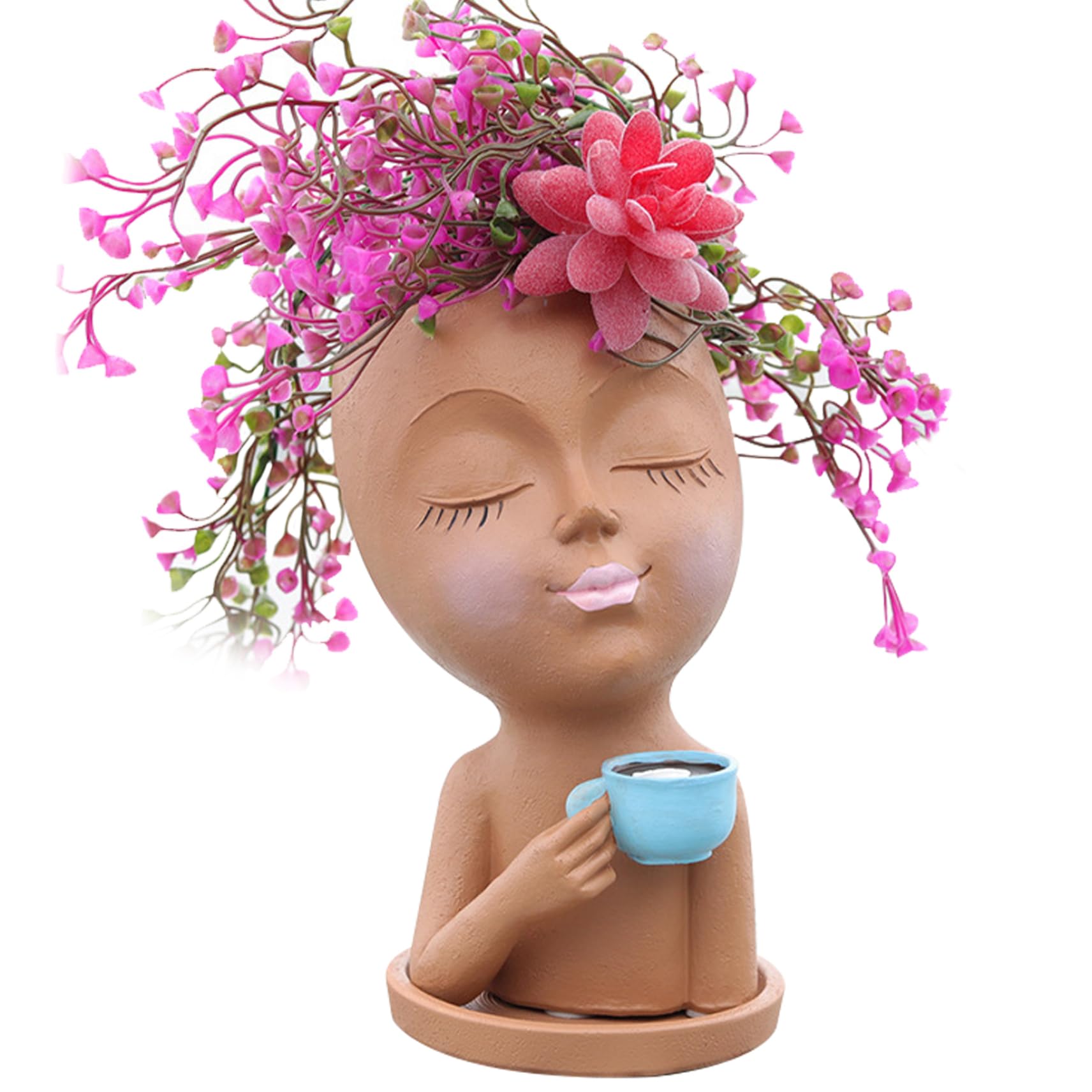 CNAFGBGG Face Planter with Tray Lady Drinking Coffee Face Pots for Plants Waterproof Resin Cute Plant Pots Coffee Lady Pot Head for Indoor Outdoor 4x7.8 Inch Brown.