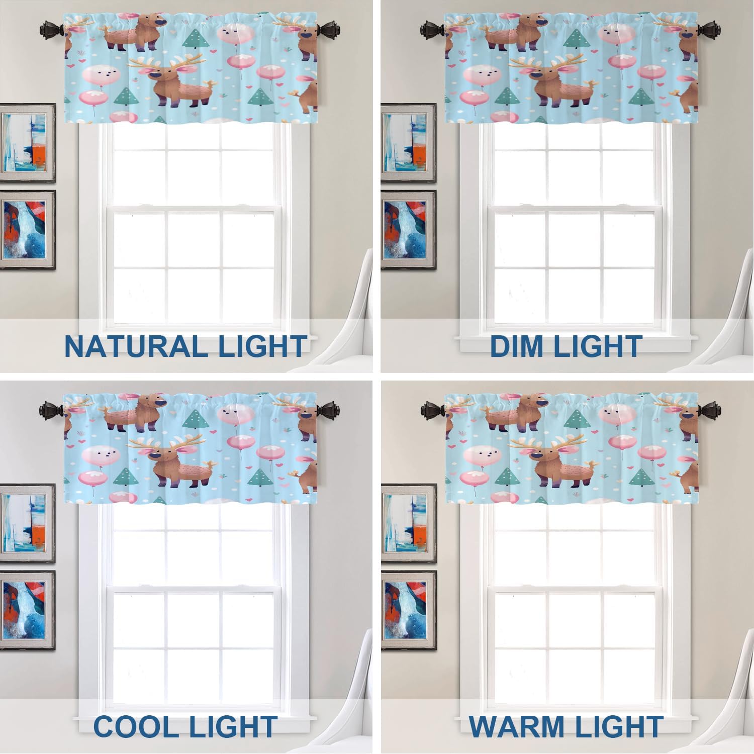 Batmerry Christmas New Year Valance Curtains, Elk Cartoon Cute Pink Balloon Window Treatment Kitchen Valances Multilayer Polyester Blackout for Living Room/Bathroom, 2 Pack 52x18 inches