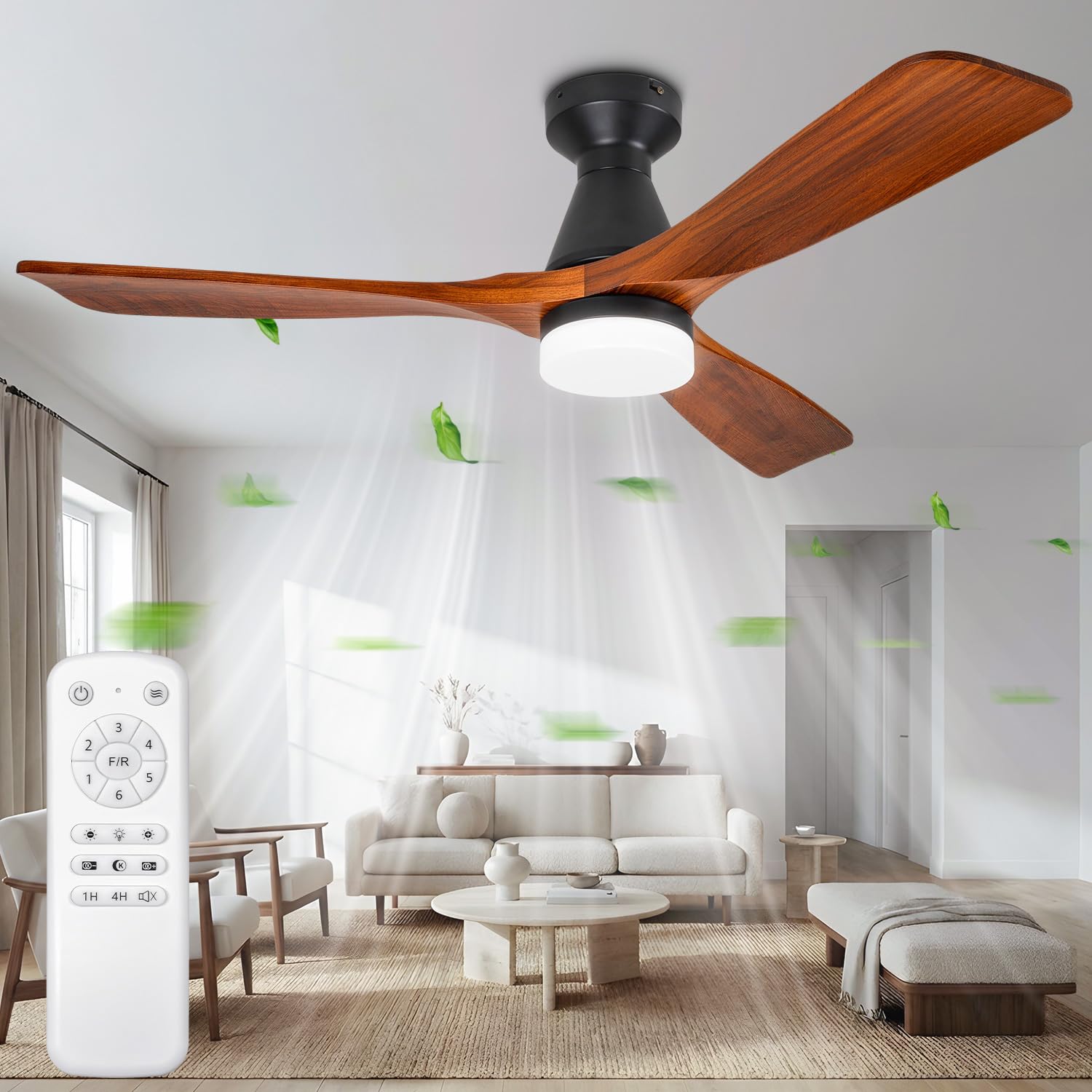 Ventilador de Techo con Luz 132CM, Aspas Efecto Madera, Regulable Lampara Ventilador Techo con Mando, LED Regulable con 3 Temperaturas Color, Motor DC Reversible, 6 Velocidades para Dormitorio Salón