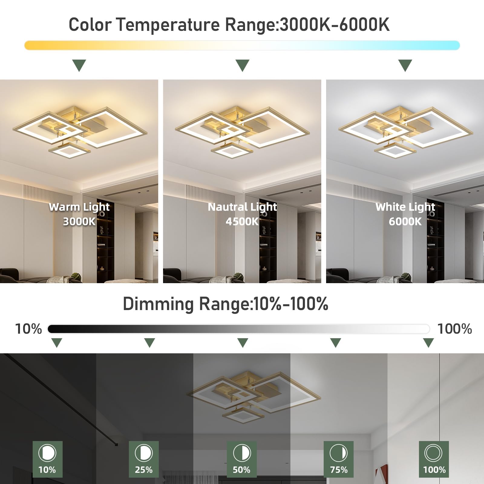EIDISUNY Modern Led Ceiling Light 3-Square Design 3000K-6500K LED Dimmable Ceiling Lights with Remote Control Gold Ceiling Lighting Fixture for Bedroom Kitchen Dining Room Office Living Room - Image 2