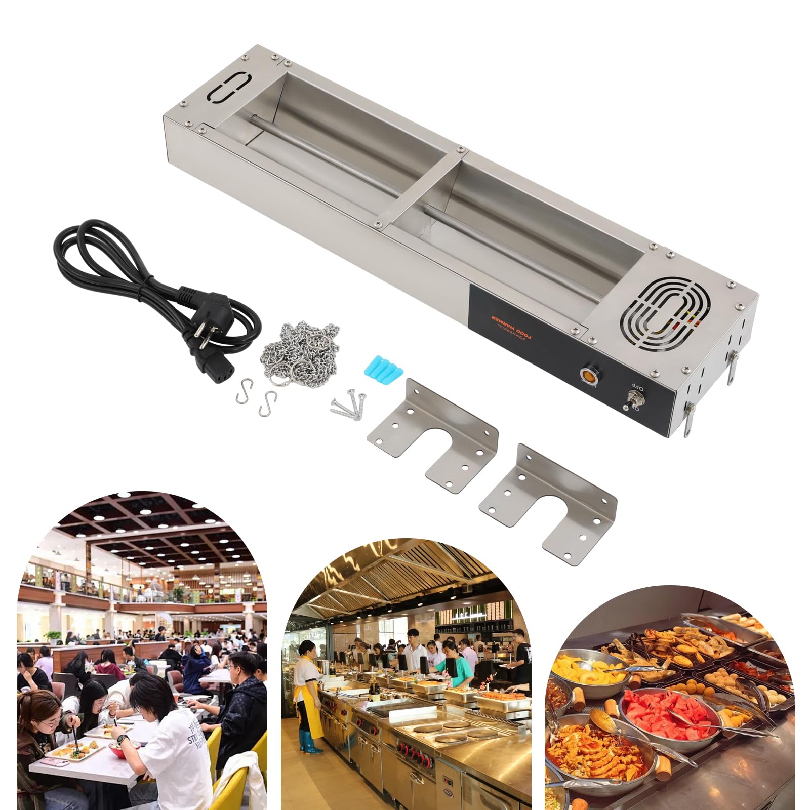 Scaldavivande elettrico in acciaio inox sospeso, 750 W, 60 x 15 x 6,5 cm, zona di mantenimento in caldo 5 x 3 m, 30 – 50 °C