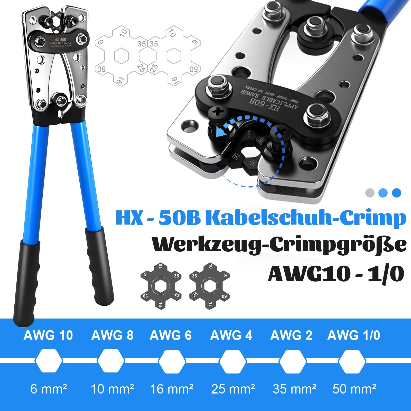 Batteriekabelklemmen Crimpzange Werkzeug mit Drahtschere Schneide Set für 6/10/16/25/35/50 mm² Querschnitt Kabelklemmen Crimpen, 80 St.verzinnten Kupferringterminalen und 100St.Schrumpfschlauch