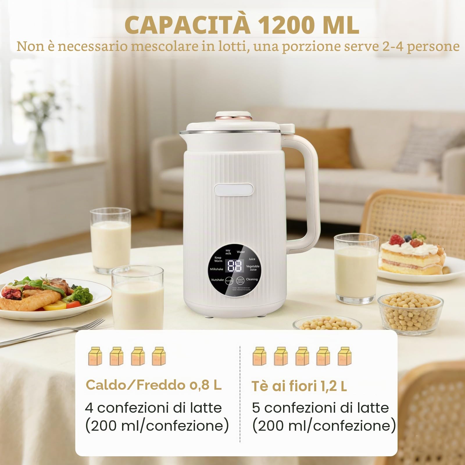 Macchina per latte di noci 8 in 1 di jackfru, latte vegetale 1.2L con autopulente, mantenimento in caldo e timer, per latte di mandorle, avena e soia