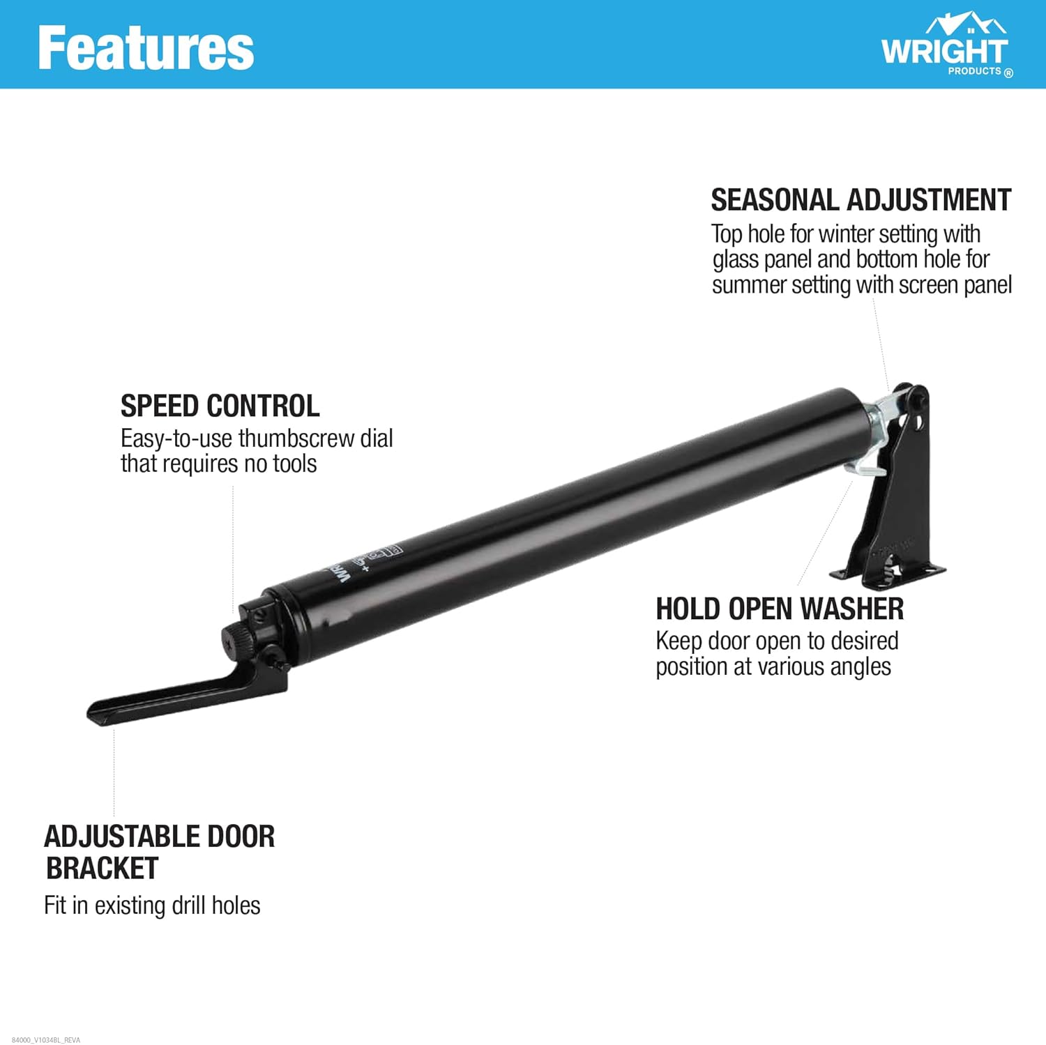 Wright Products Pneumatic Storm Door Closer & Push Button Latch Combo Kit – Adjustable, Smooth-Closing with Hold-Open Feature (Modern, Black)