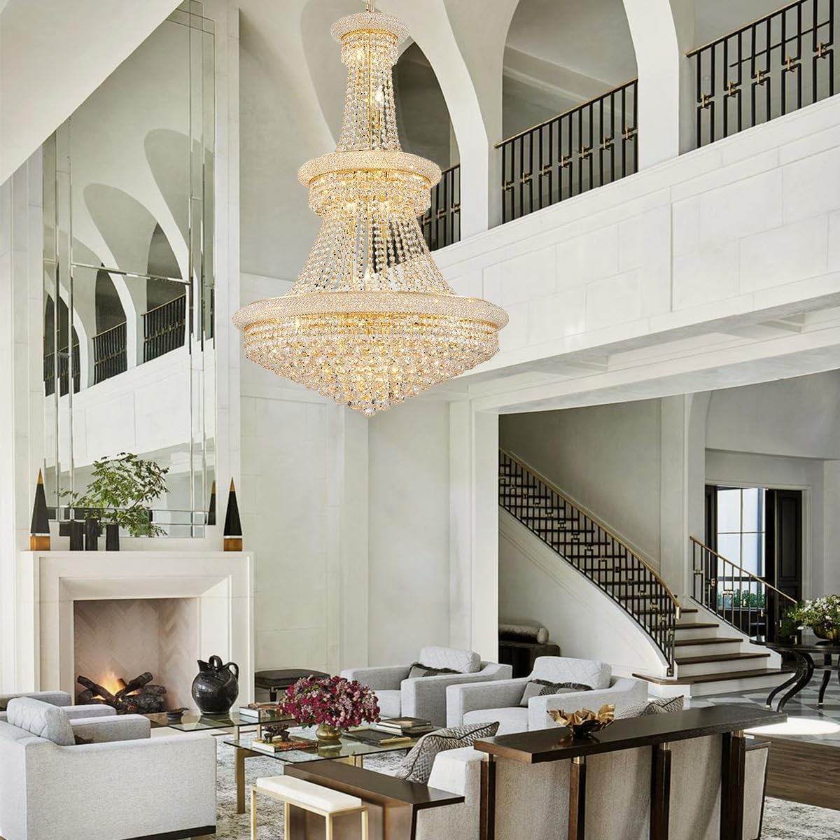 19-Lights High Ceiling Chandelier Modern Gold Crystal Chandeliers Large Foyer Chandelier Fixtures for Staircase Living Room Hallway Entryway (H47 x W31.5)