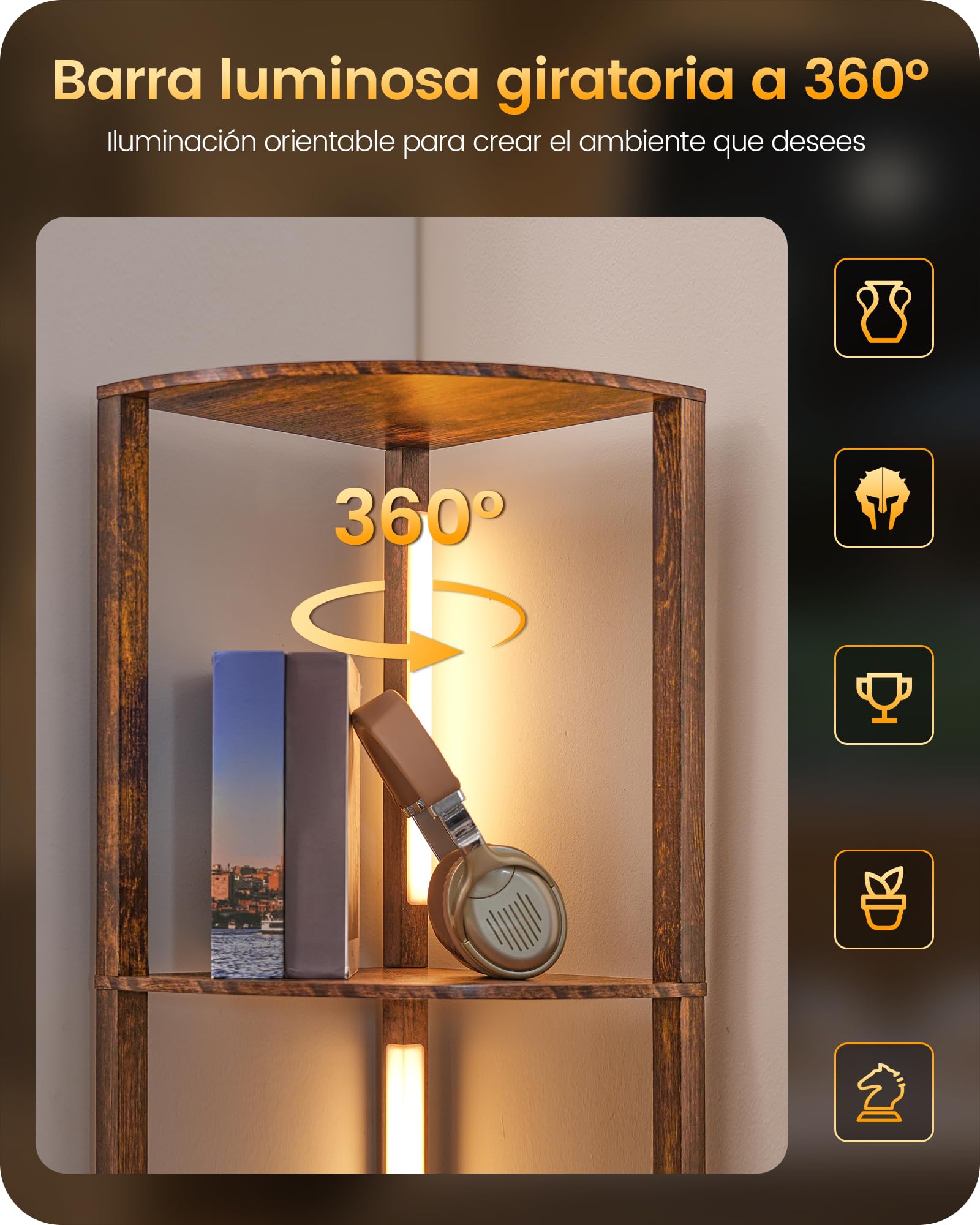 Lámpara de Pie con Estantes, Lámpara de Salón Regulable de Madera, Estantería de Esquina con LED, 3 Temperaturas de Color, Barra Giratoria 360°, Dormitorio, Salón, Oficina, Marrón Rústico