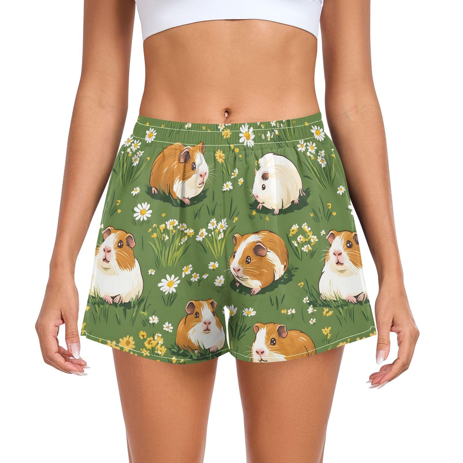 UMIRIKO Cute Guinea Pigs Daisy Women's Running Shorts with Pockets Sporty Workout Quick Dry Athletic Shorts L 202b8238