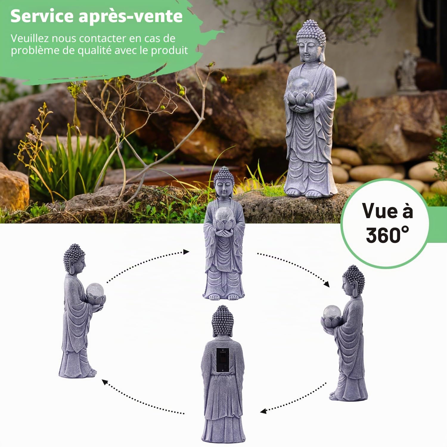 Yeomoo Figurine de Bouddha solaire - Hauteur : 46 cm - Avec effet craquelé LED - Grande décoration spirituelle pour jardin zen, méditation, yoga et feng shui - Cadeau pour femme/maman (jardin