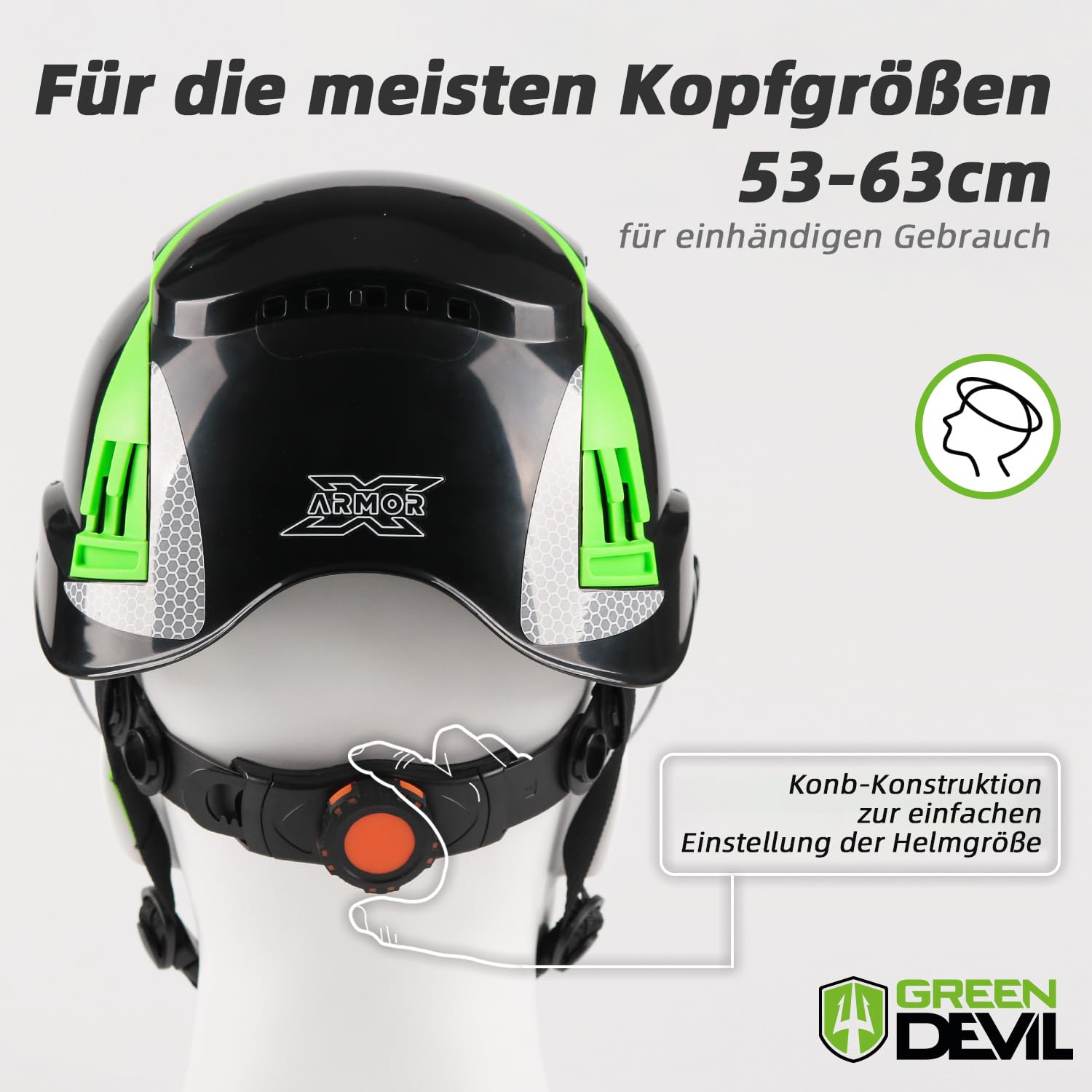 GREEN DEVIL X-Armor - Casco de seguridad EN 397, ABS con protección EPS antigolpes, suspensión de 6 puntos, ventilada, ajuste con una sola mano, 53-63 cm, para construcción e industria