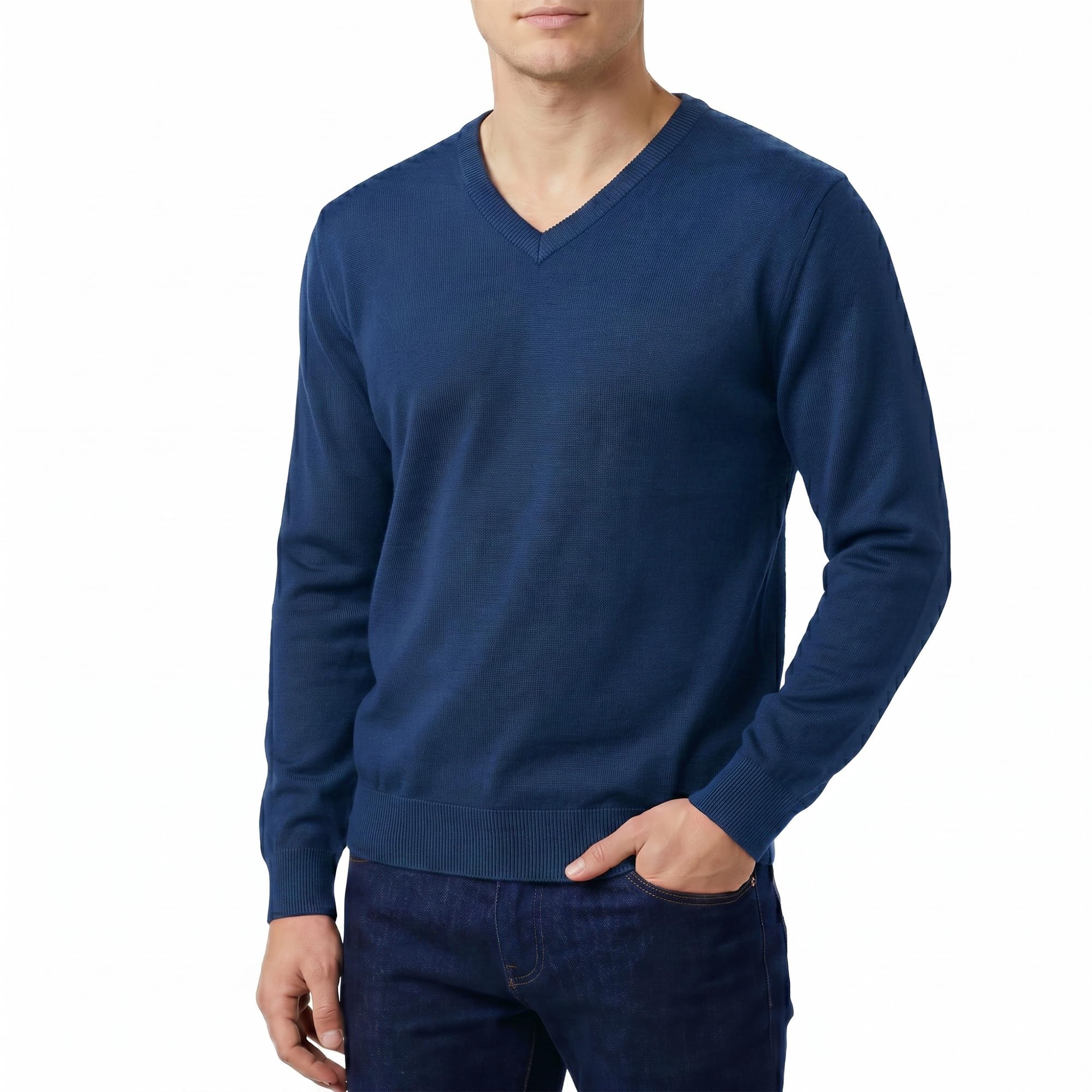 Castle Point Men's Cotton V-Neck Jumper Knitted, Denim, XXL