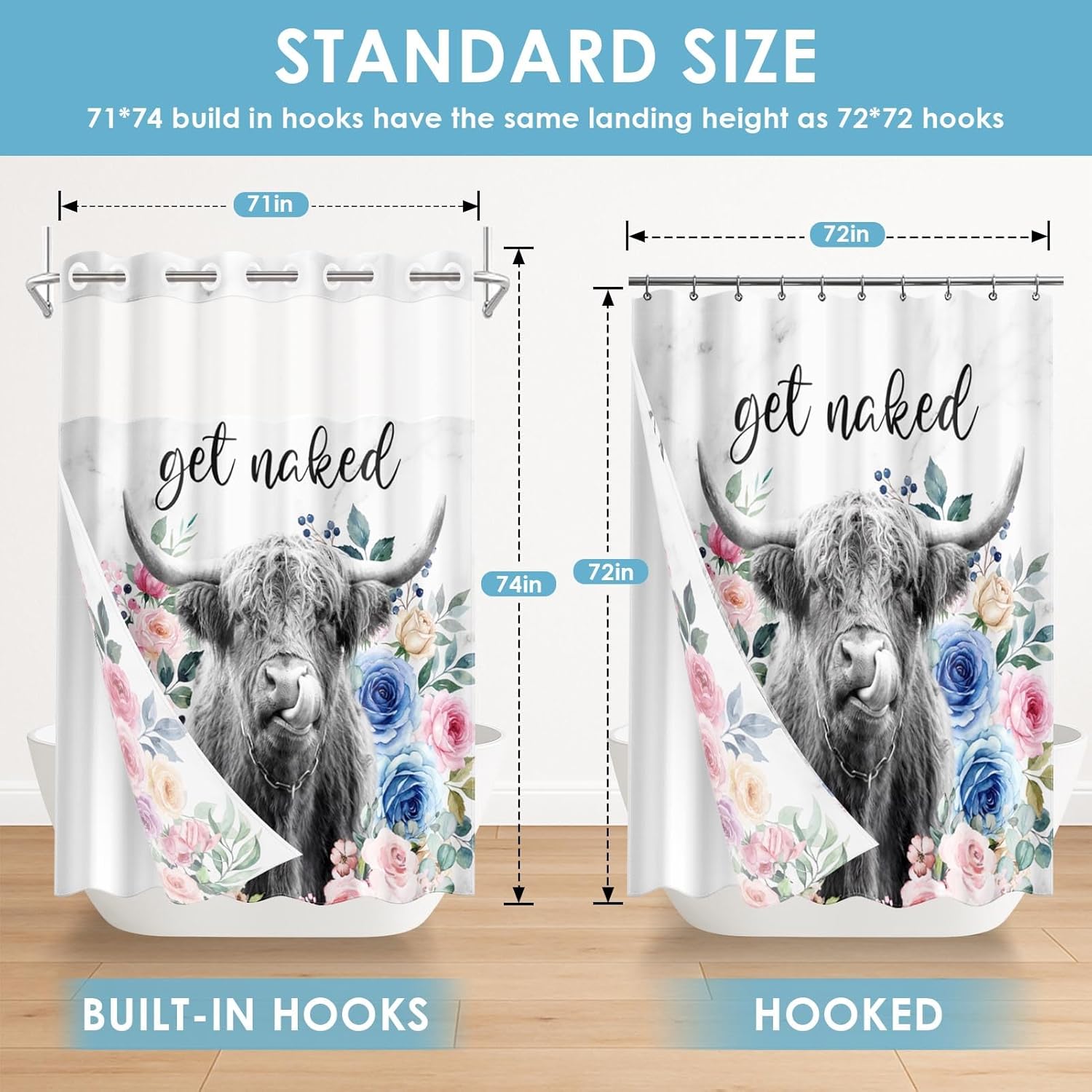 No Hook Funny Highland Cow Shower Curtain with Snap in Fabric Liner Set, Pink Floral Farmhouse Double Layers Waterproof Fabric with See Through Top Window Open Grommet Bath Curtain 71x74 Inch