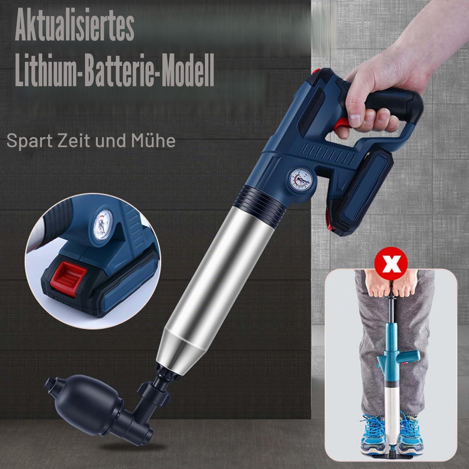 Elektrischer Toilettenkolben, Pressluft Rohrreiniger Toiletten Pömpel Edelstahl Toilettenkolben Kit mit Luftdruckanzeige und 4 Gummiadapter Abfluss Entblocker für Bad Küche Toiletten Bodenablauf