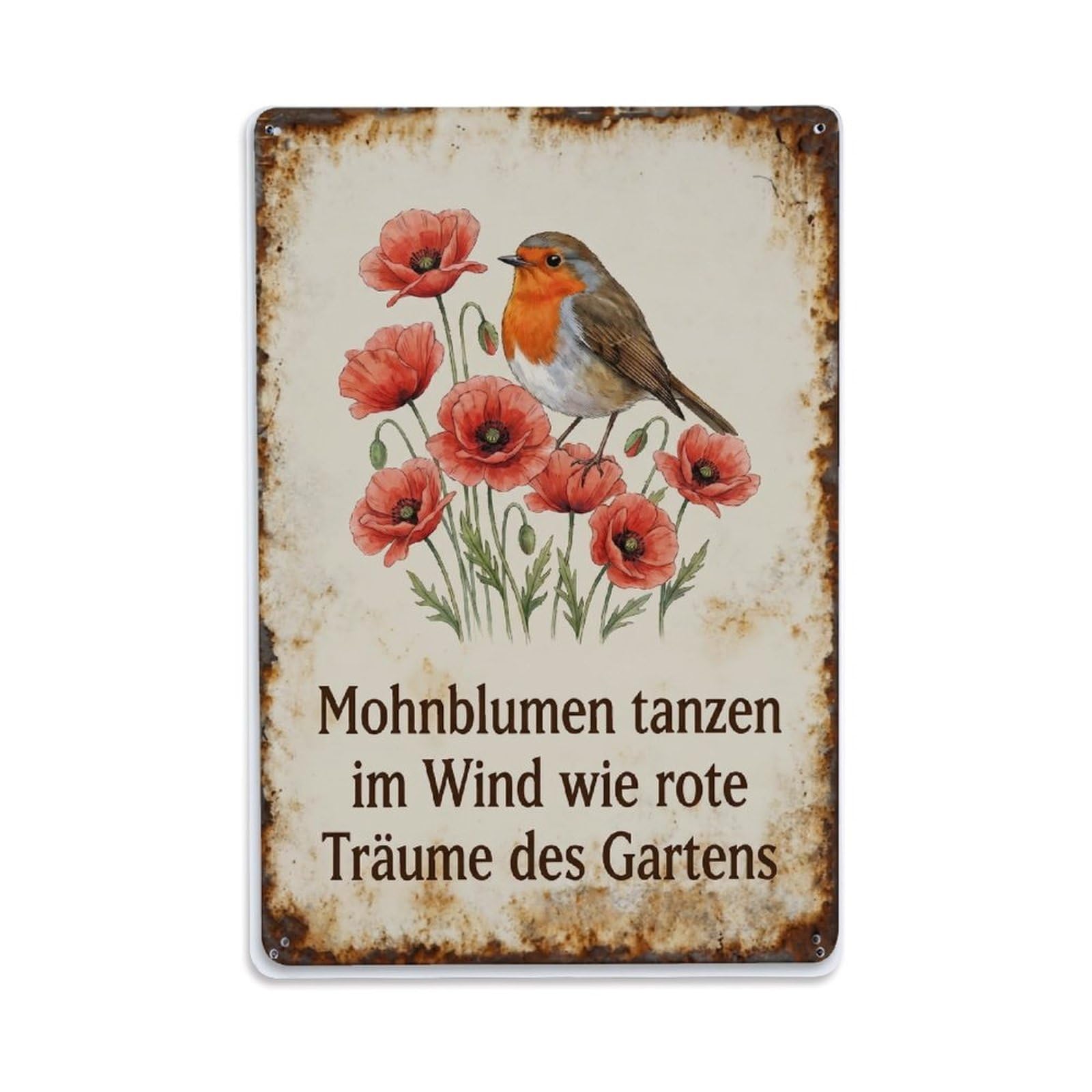 Fqnyr Style Robin Bird Garden Quote Poppy Field Metal Tin Sign Plaque Wall Decor For Cafe, Club Bar, Office, Home Garden Metal Poster 8X12inch