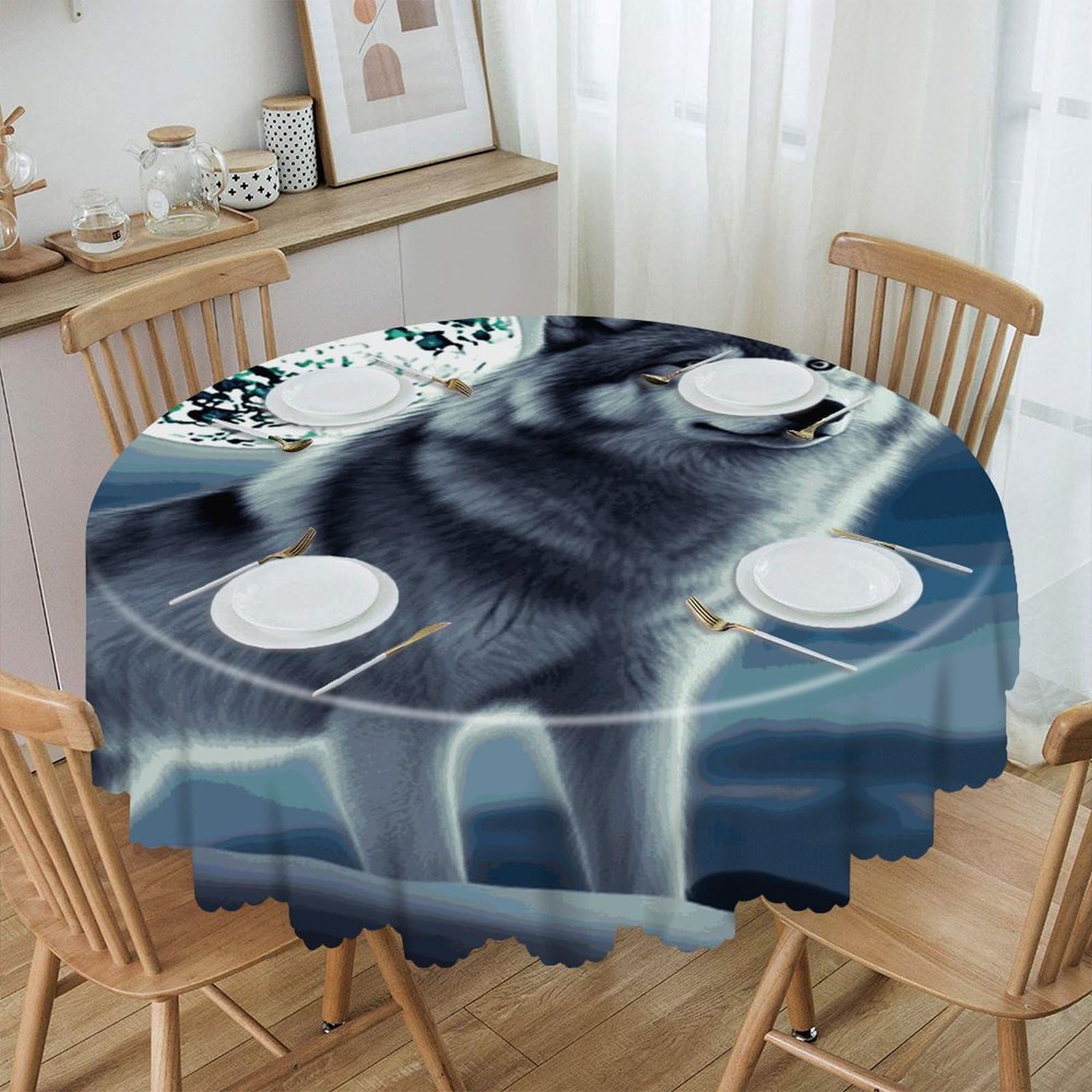 VstaDank Wolf Under Moon Round Tablecloth 60 Inch Easy to Clean Circle Table Cover Thick Decorative Round Polyester Table Cloth for Dining Kitchen Party Farmhouse Outdoor