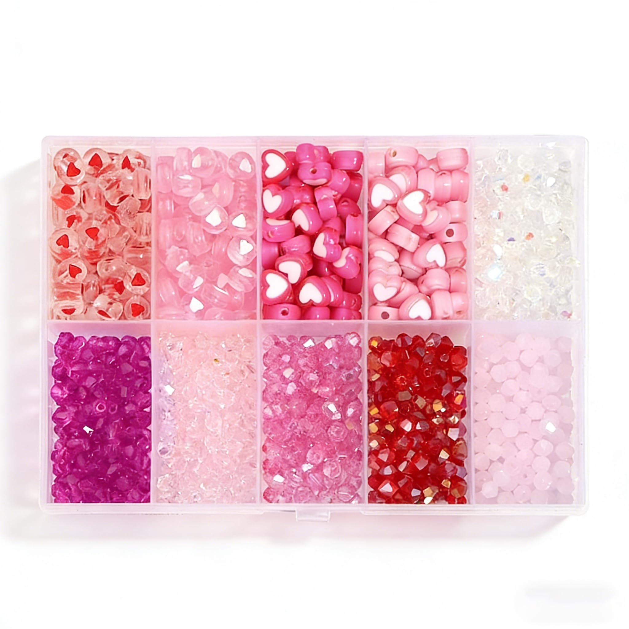 920Pcs 10 Style 4mm Faceted Crystal Glass Bicone Beads with Acrylic Heart Beads for DIY Bracelet Necklace Earring Keychain Jewelry Making, Pink Heart