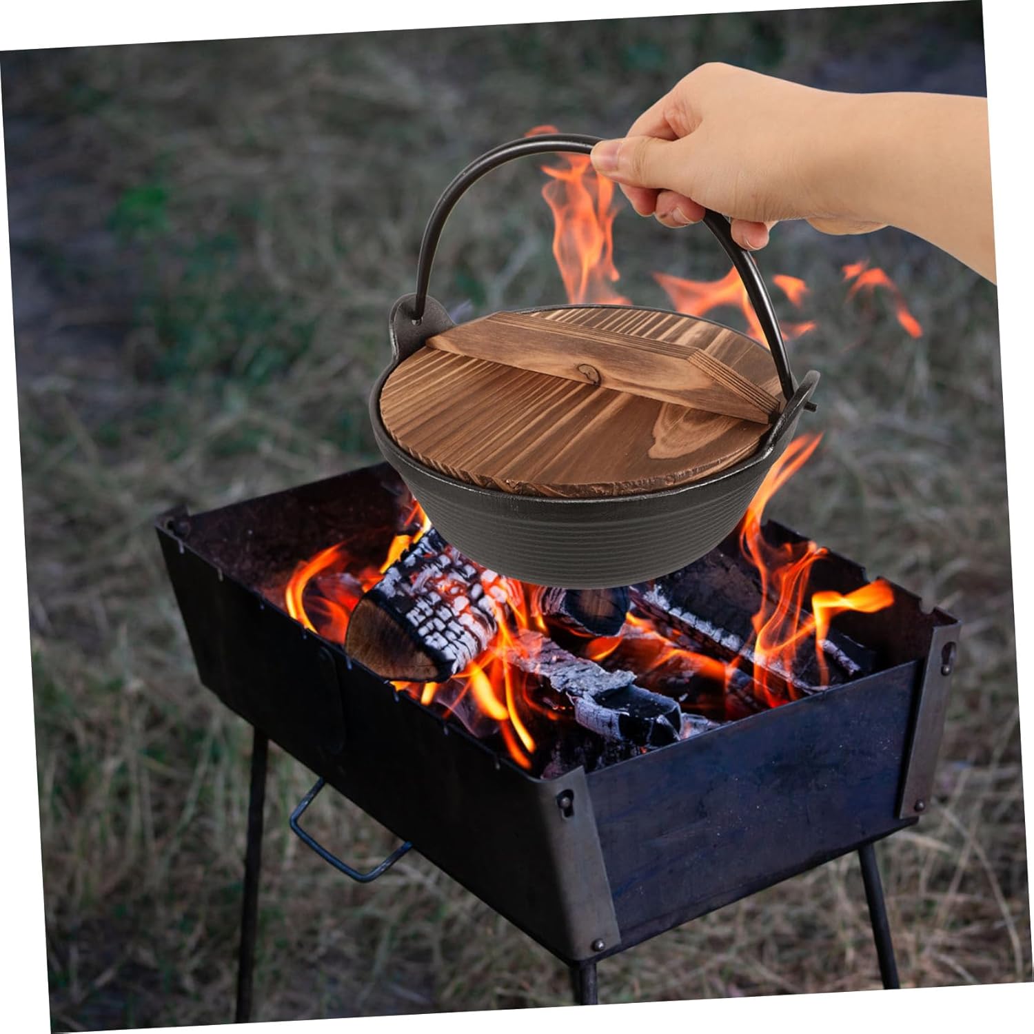 Mipcase 1set Cast Iron Camping Cookware with Lid Japanese Outdoor Cooking Pot for Soup and Stews for Backpacking and Picnics Space-Saving Hanging Design