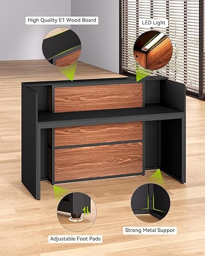 Miniatura 7 de LITTLE TREE Escritorio de recepción de 63 pulgadas, mesa de recepción moderna con luz LED, mostrador frontal, mostrador de madera para vestíbulos,