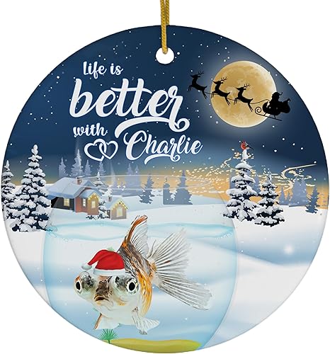Life is Better with Calico Goldfish Adornos de Navidad con nombre personalizado 2025 Círculo Blanco Cerámica Regalos para dueños de mascotas