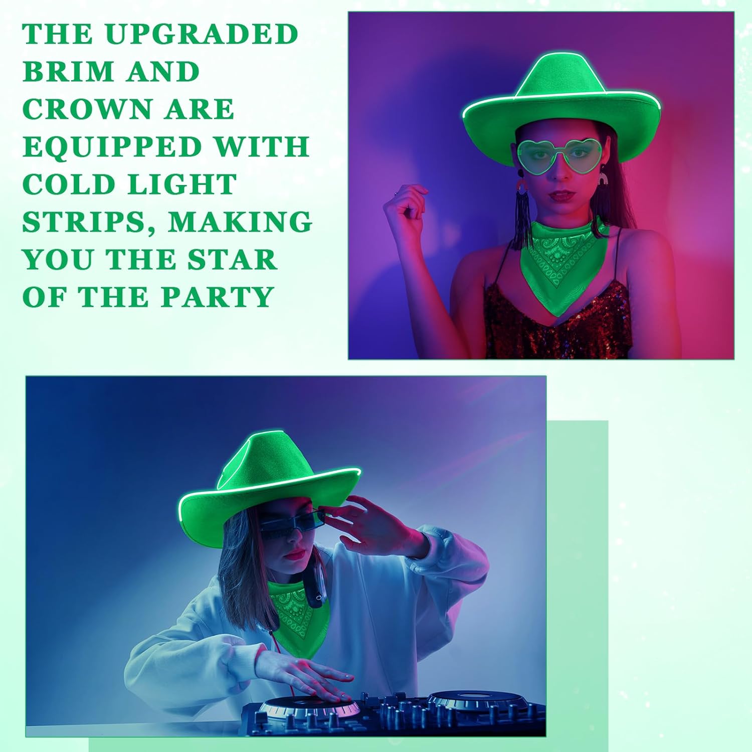 12 Pcs Cowboy Light up Hat Set Include 4 LED Holographic Cowgirl Hats 4 Paisley Bandanas 4 Heart Sunglasses for Wedding - Image 3