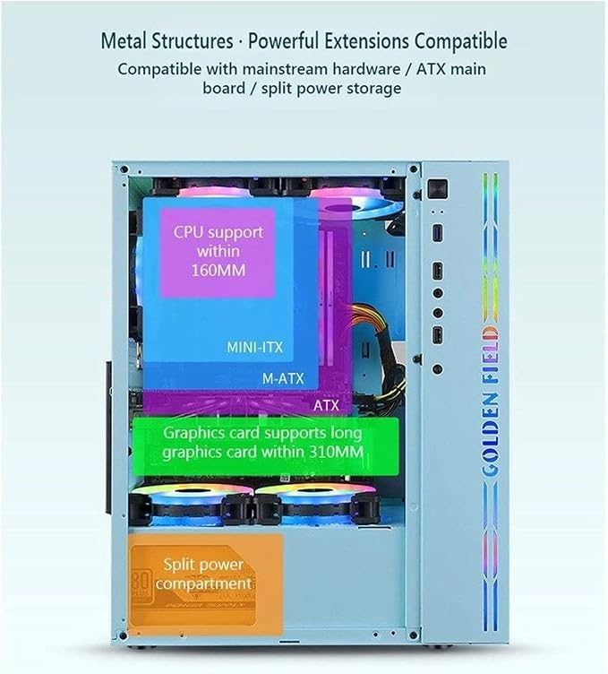Gabinete de Computadora Mid-Tower, compatible con placas ATX, M-ATX e ITX, con panel lateral de vidrio templado, puertos USB 3.0 y USB 2.0, puerto de audio, incluye barra de luz RGB y soporte para enfriamiento líquido, color azul miniatura 4