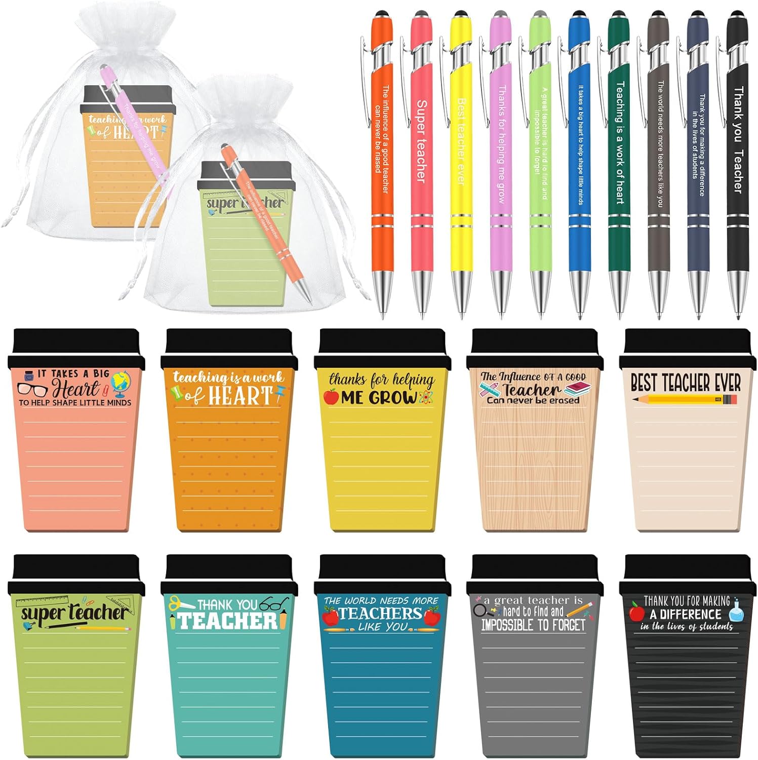 Kosiz 30 Set/90 Pcs Teacher Appreciation Gifts Bulk Coffee Cup Notepad Sticky Notes with Pen Organza Bag End of Year Teacher Gifts from Students Thank You Presents for Office School Classroom Supplies