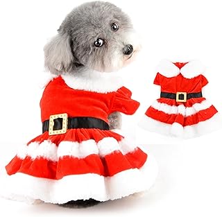 Ranphy Dog Christmas Costume Puppy Dress with Belt Santa Claus Pet Clothes Thermal Skirt with Fuzzy Collar Winter Coat Xmas Holiday Party Apparel Cute Girl Clothing for Chihuahua Yorkie,Red,XL