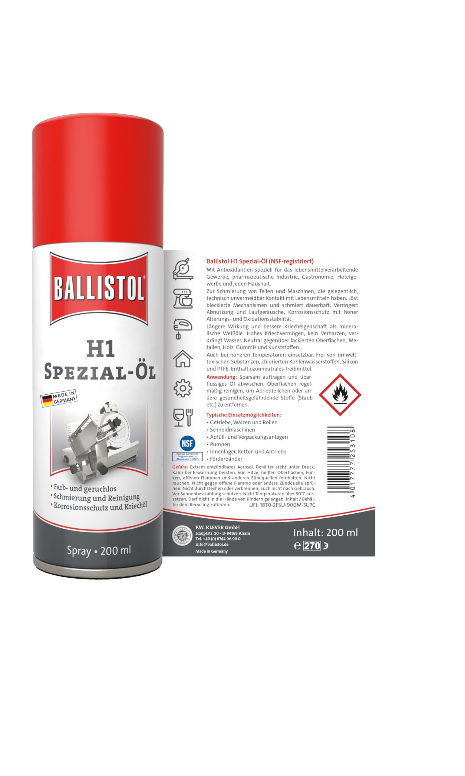 BALLISTOL 25310 H1 specjalny olej spożywczy w sprayu 200 ml – czyszczenie, ochrona przed rdzą – neutralny smakowo, przeznaczony do kontaktu z żywnością