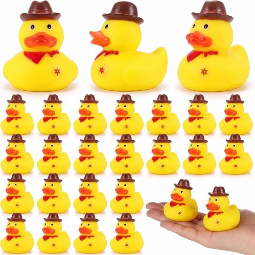 Deekin Set of 24 Cowboy Rubber Ducks with Hat Western Rubber Duckies Cowboy Mini Ducks Bathtub Ducky Favors Small Duck Toy for Shower Birthday Swimming Western Party, 2.1 x 2 x 1.9 Inches