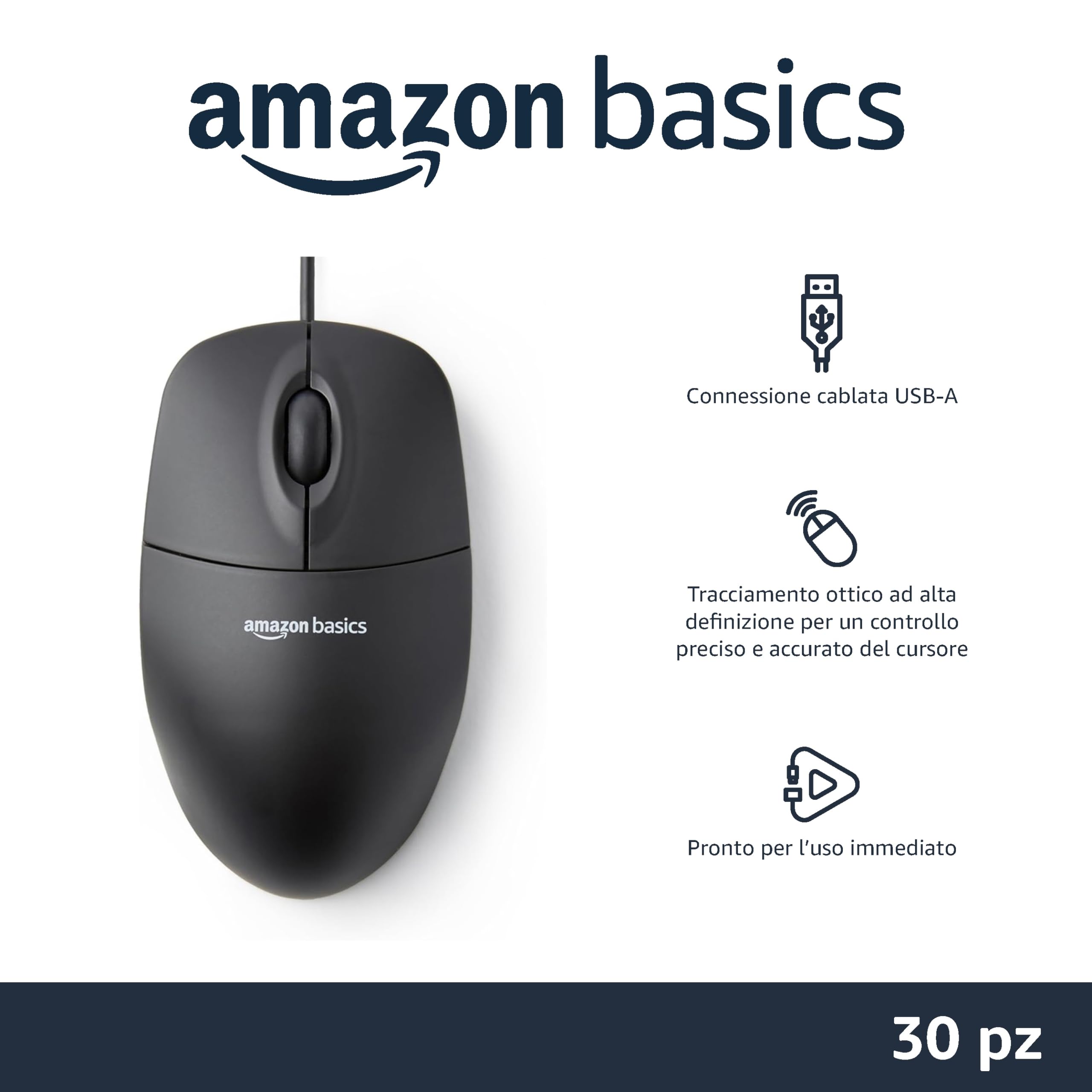 Amazon Basics 3 Button USB Wireless Mouse Black Pack 30 - Dettaglio