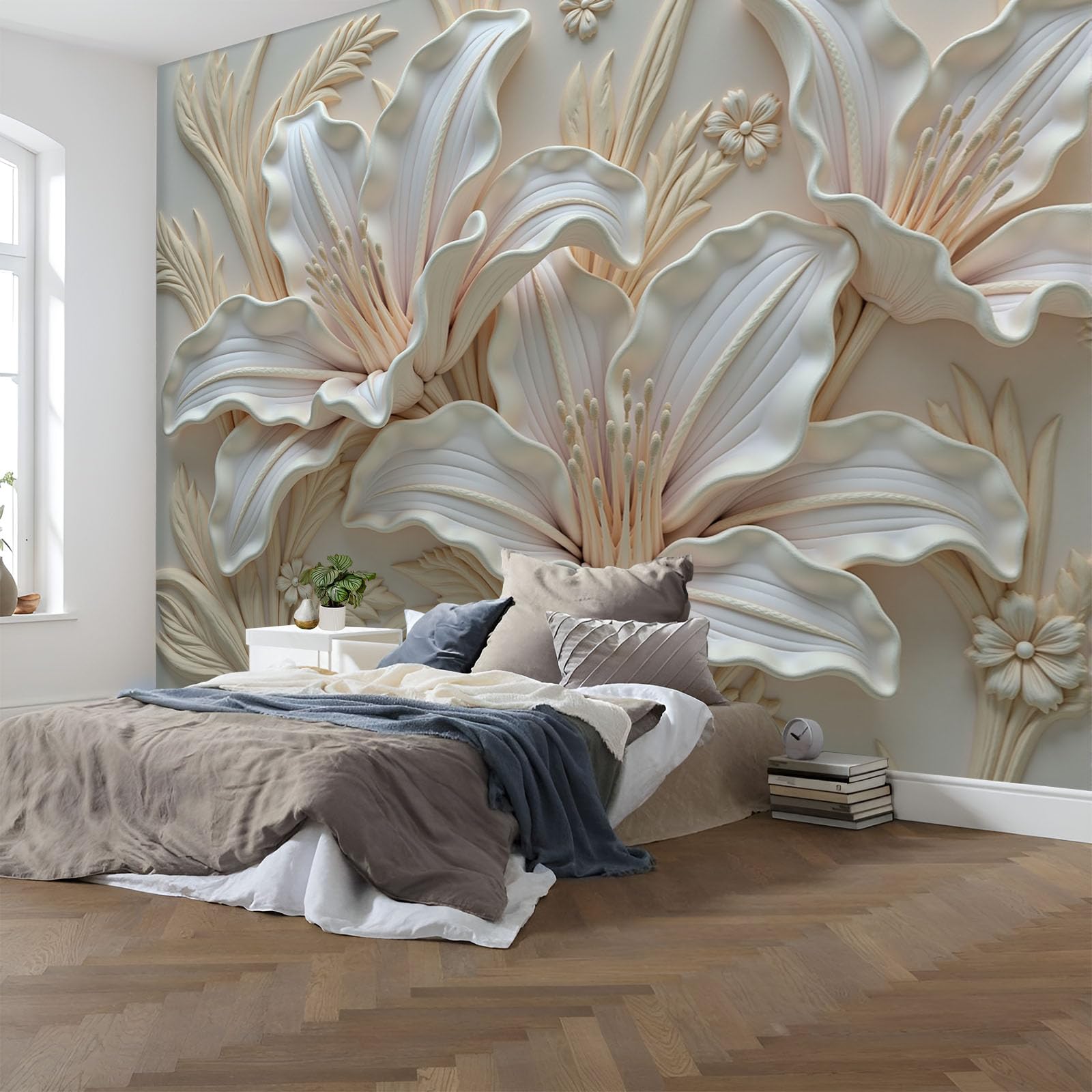 Papier Peint Lys 3D Beige Crème - Solution Déco Grand Format Salon